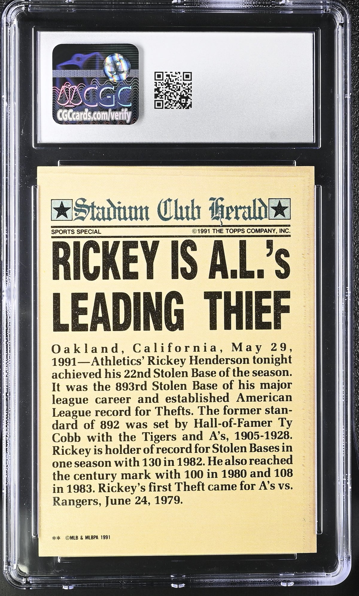 1991 Stadium Club Charter Member Rickey Henderson CGC 10 Oakland Athletics