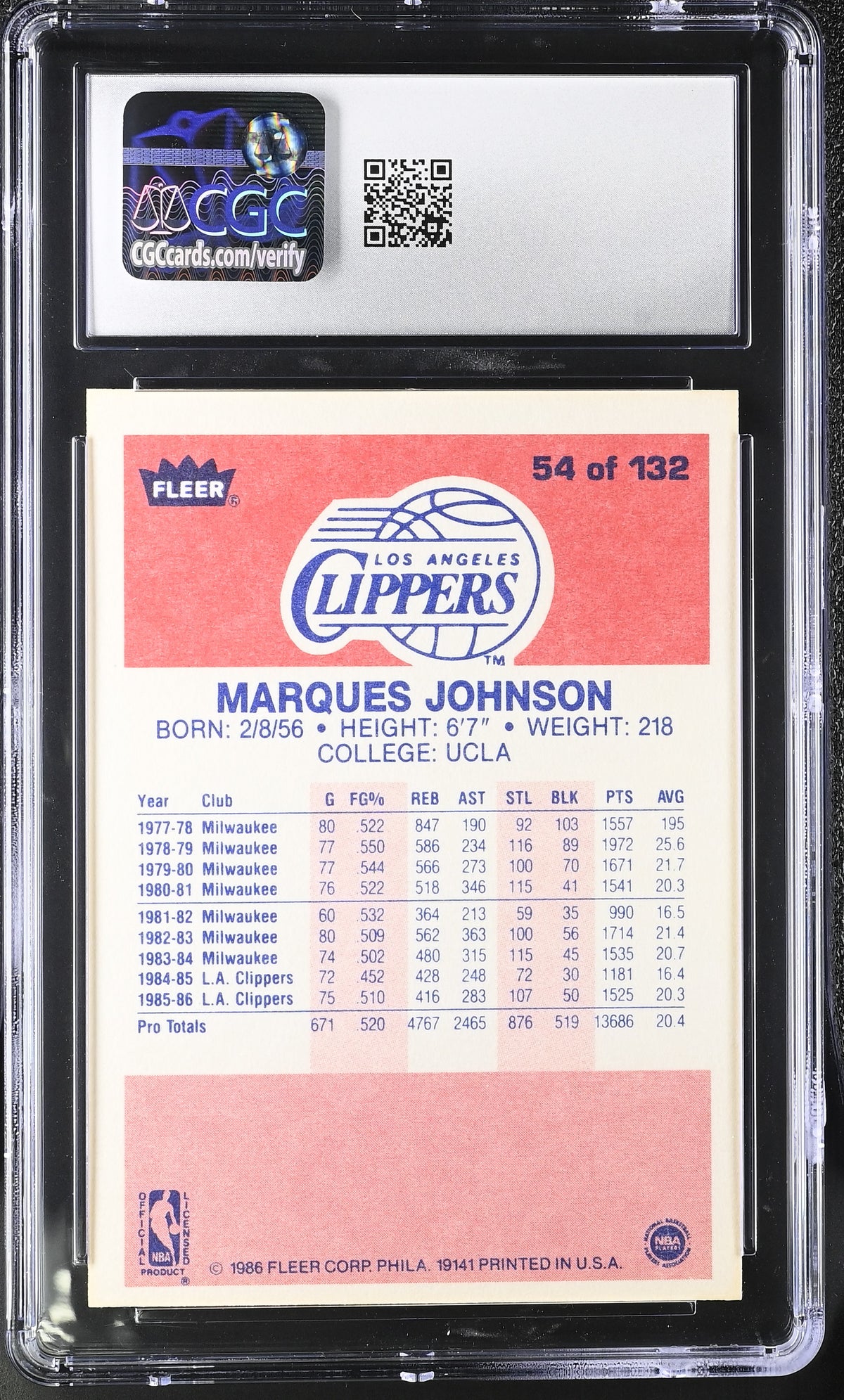1986-87 Fleer Marques Johnson #54 CGC 9 Los Angeles Clippers
