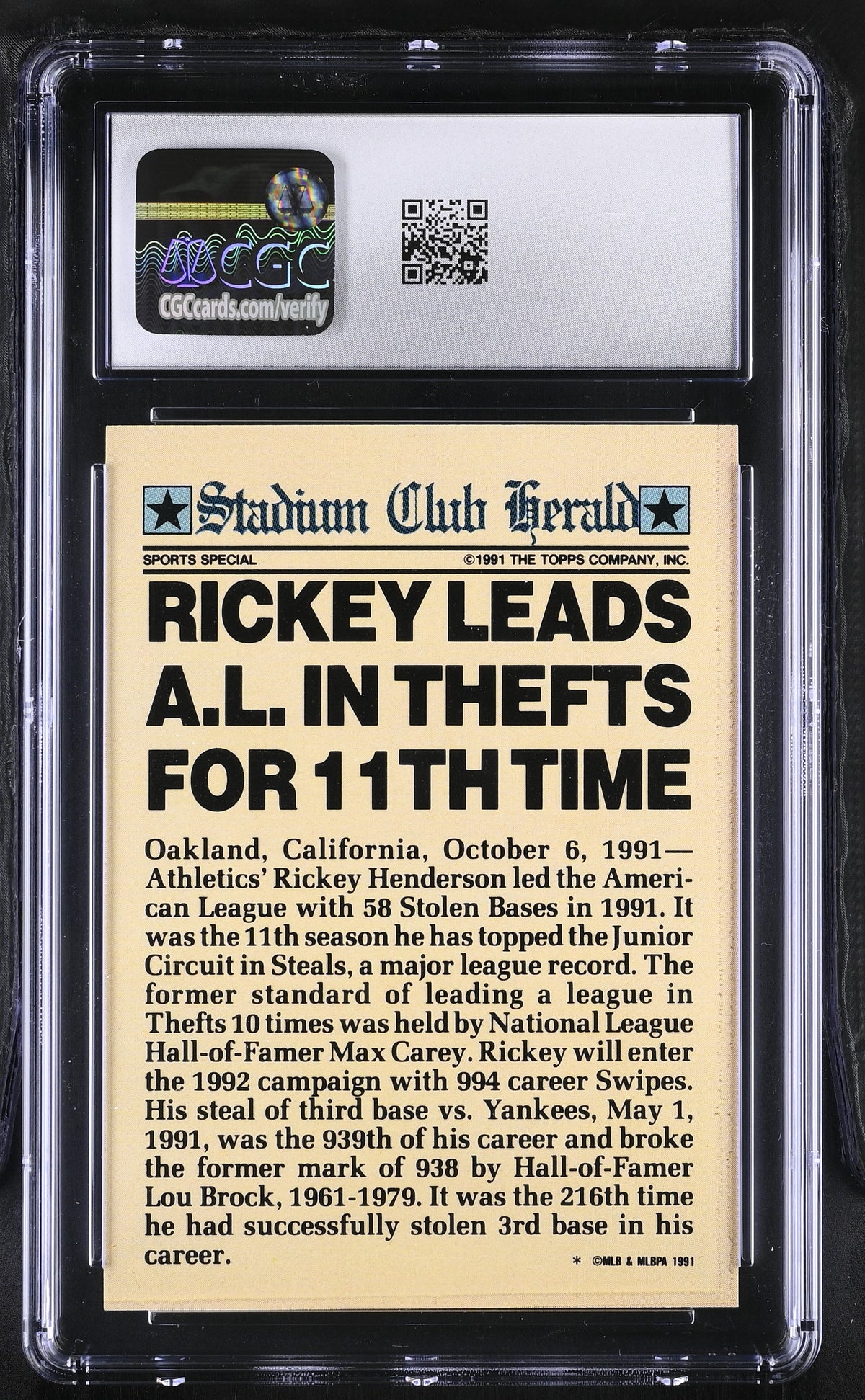 1991 Stadium Club Members Only Rickey Henderson CGC 9.5 Oakland Athletics