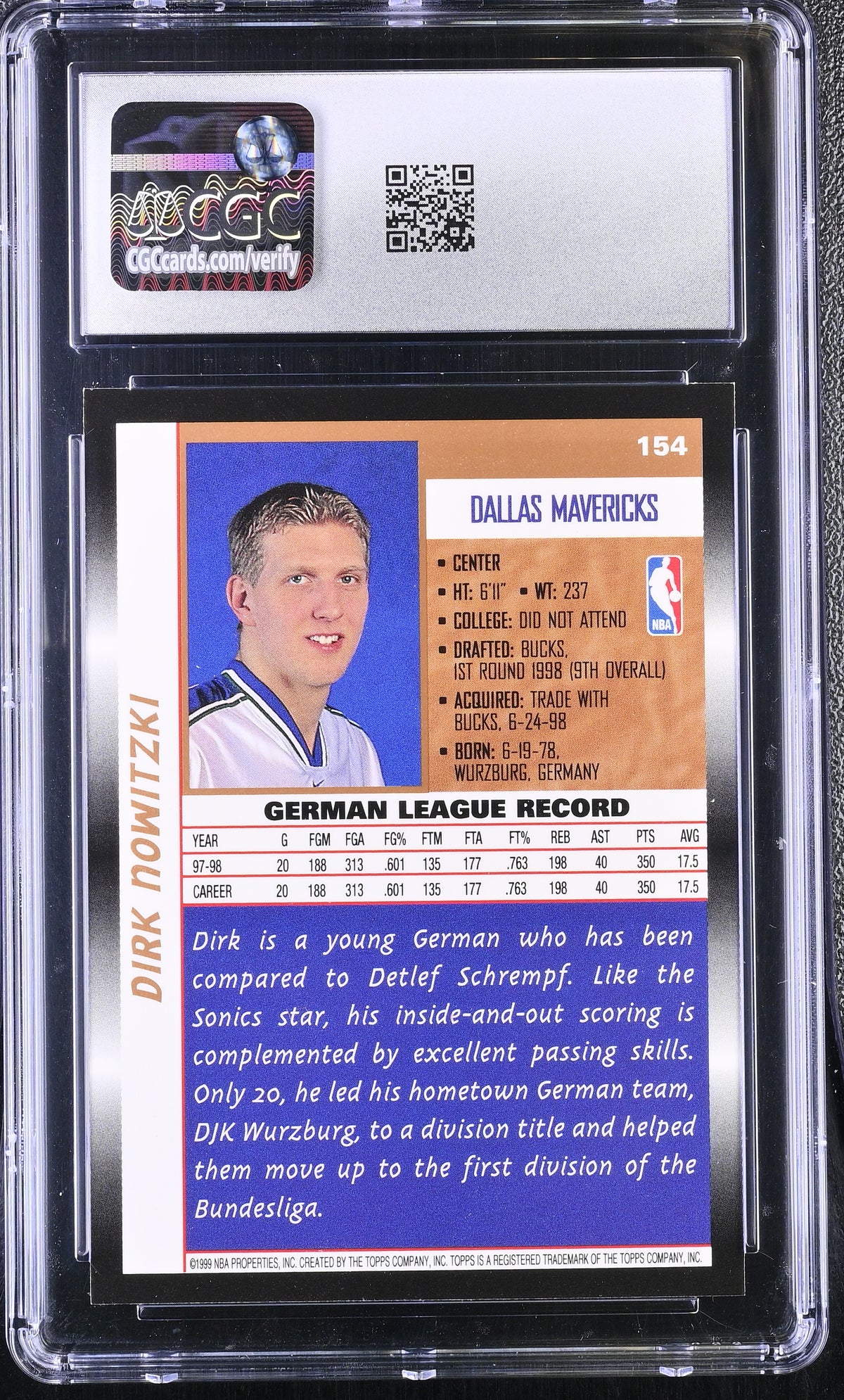 1998-99 Topps Dirk Nowitzki Rookie #154 CGC 9.5 Dallas Mavericks
