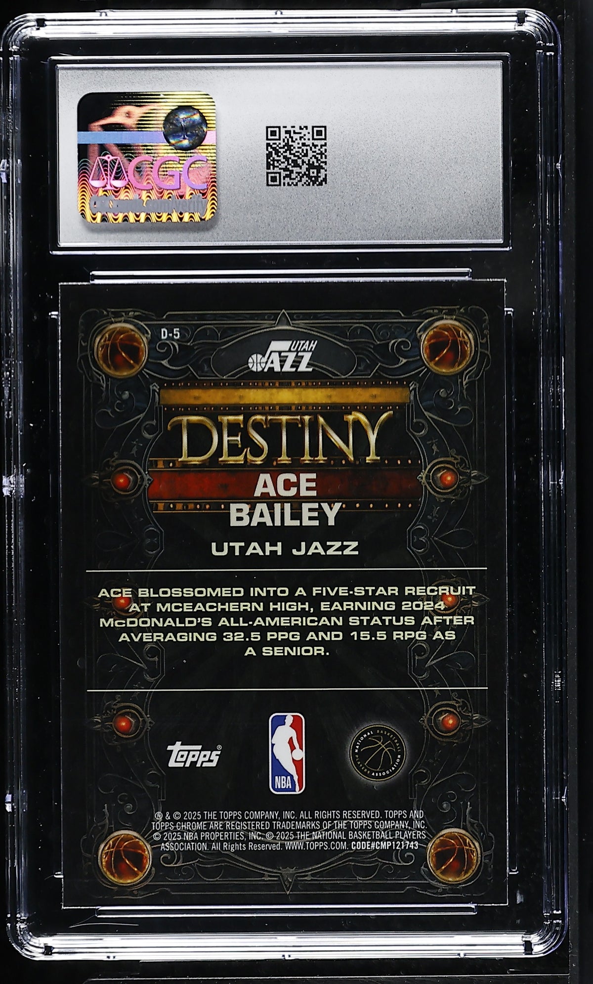 2025-26 Topps Chrome Ace Bailey Rookie Destiny #D-5 CGC 10 Utah Jazz
