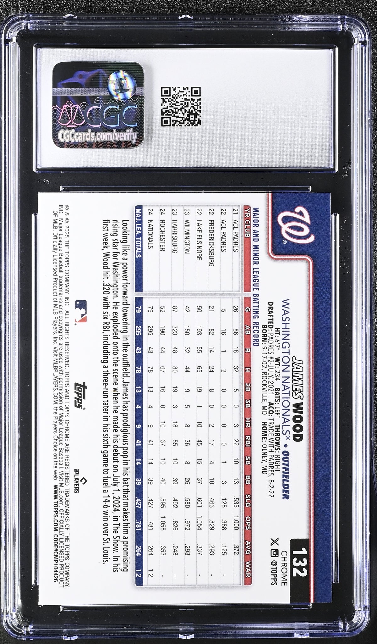 2025 Topps Chrome James Wood Rookie #132 CGC 9.5 Washington Nationals