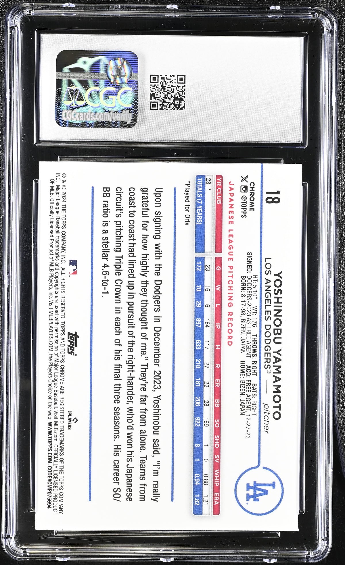 2024 Topps Chrome Yoshinobu Yamamoto Rookie #18 CGC 10 Los Angeles Dodgers