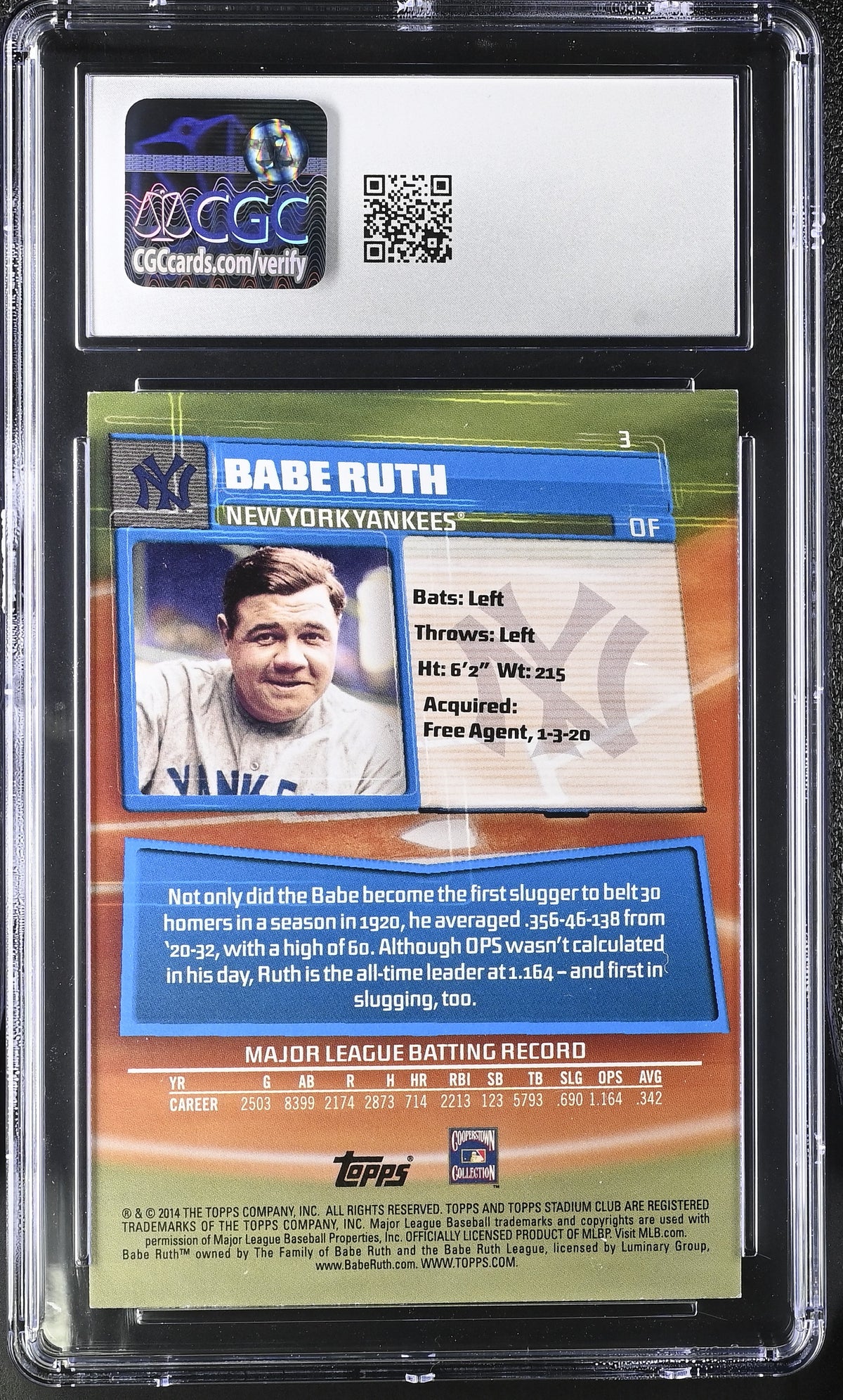 2014 Stadium Club Babe Ruth #3 CGC 9.5 New York Yankees