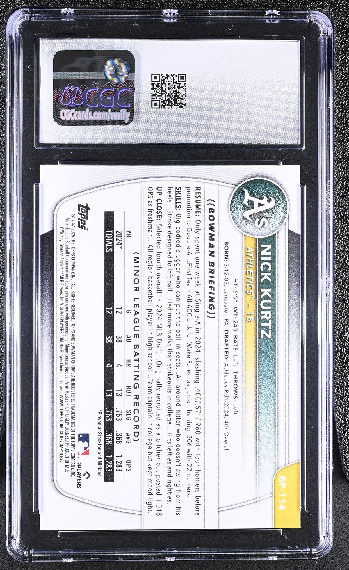 2025 Bowman Nick Kurtz Rookie Prospects #BP-114 CGC 10 Oakland Athletics