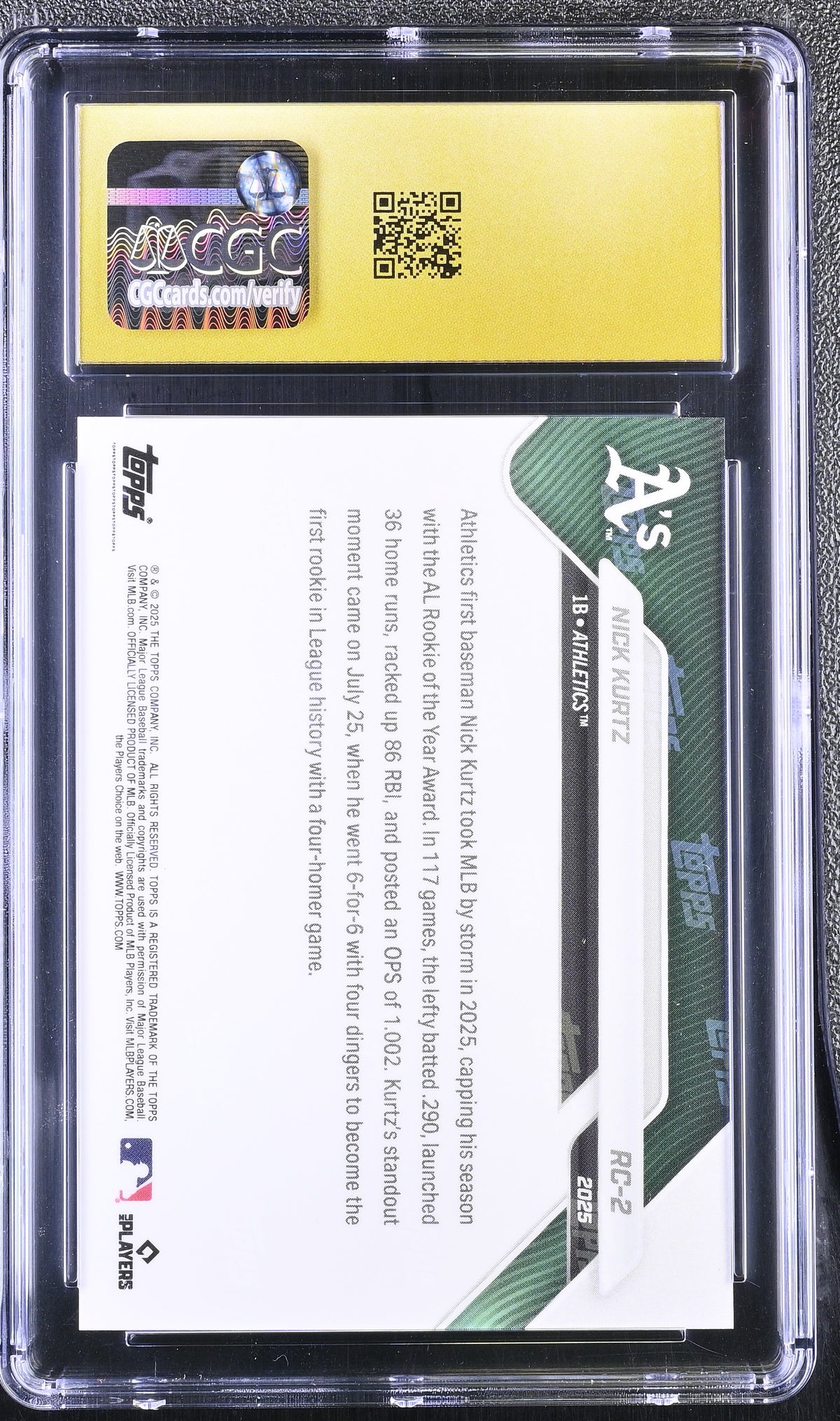 2025 Topps Now Nick Kurtz Rookie Cup #RC-2 CGC 10 Pristine Athletics
