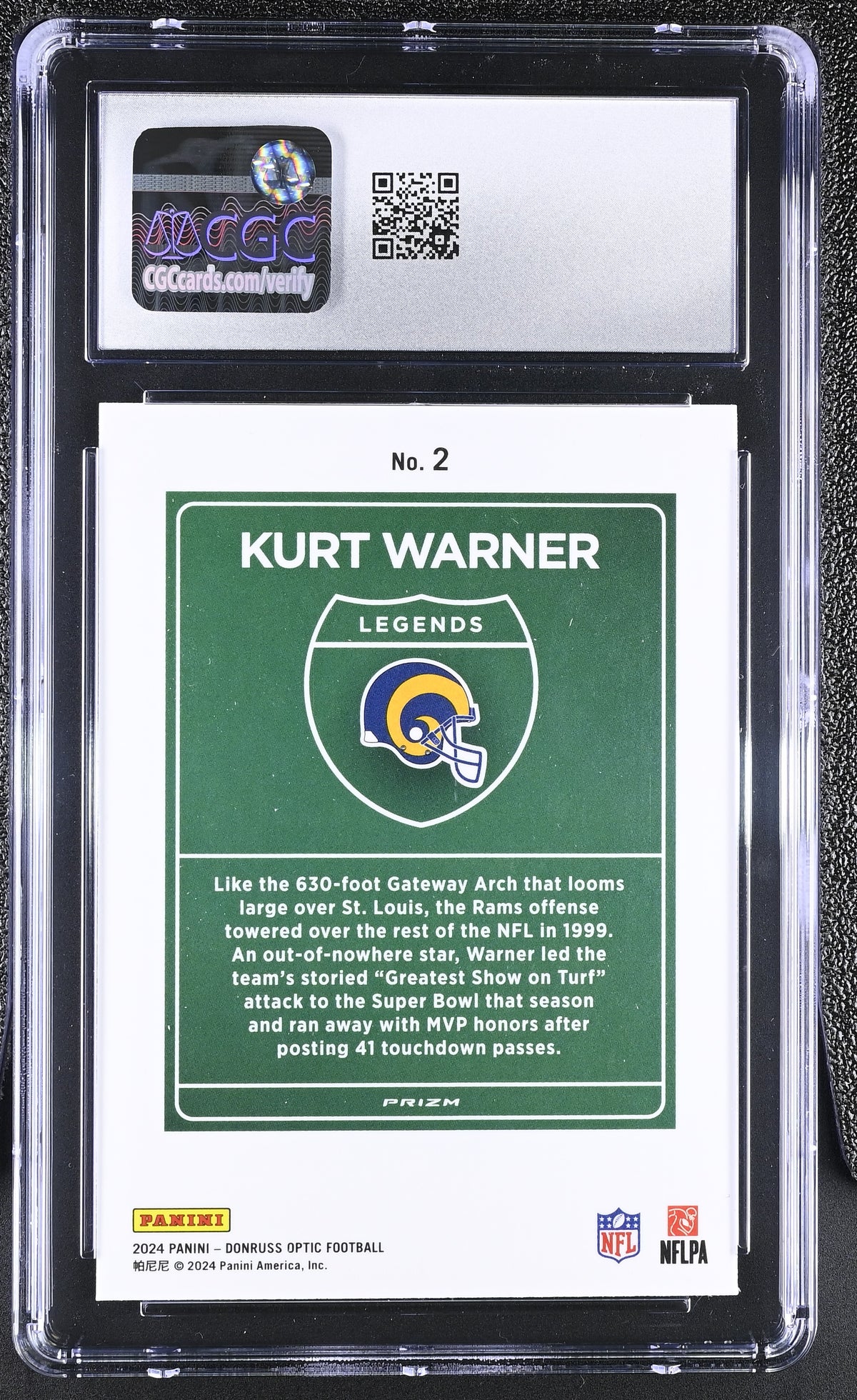 2024 Donruss Optic Kurt Warner Downtown Legends #2 CGC 9.5 St. Louis Rams
