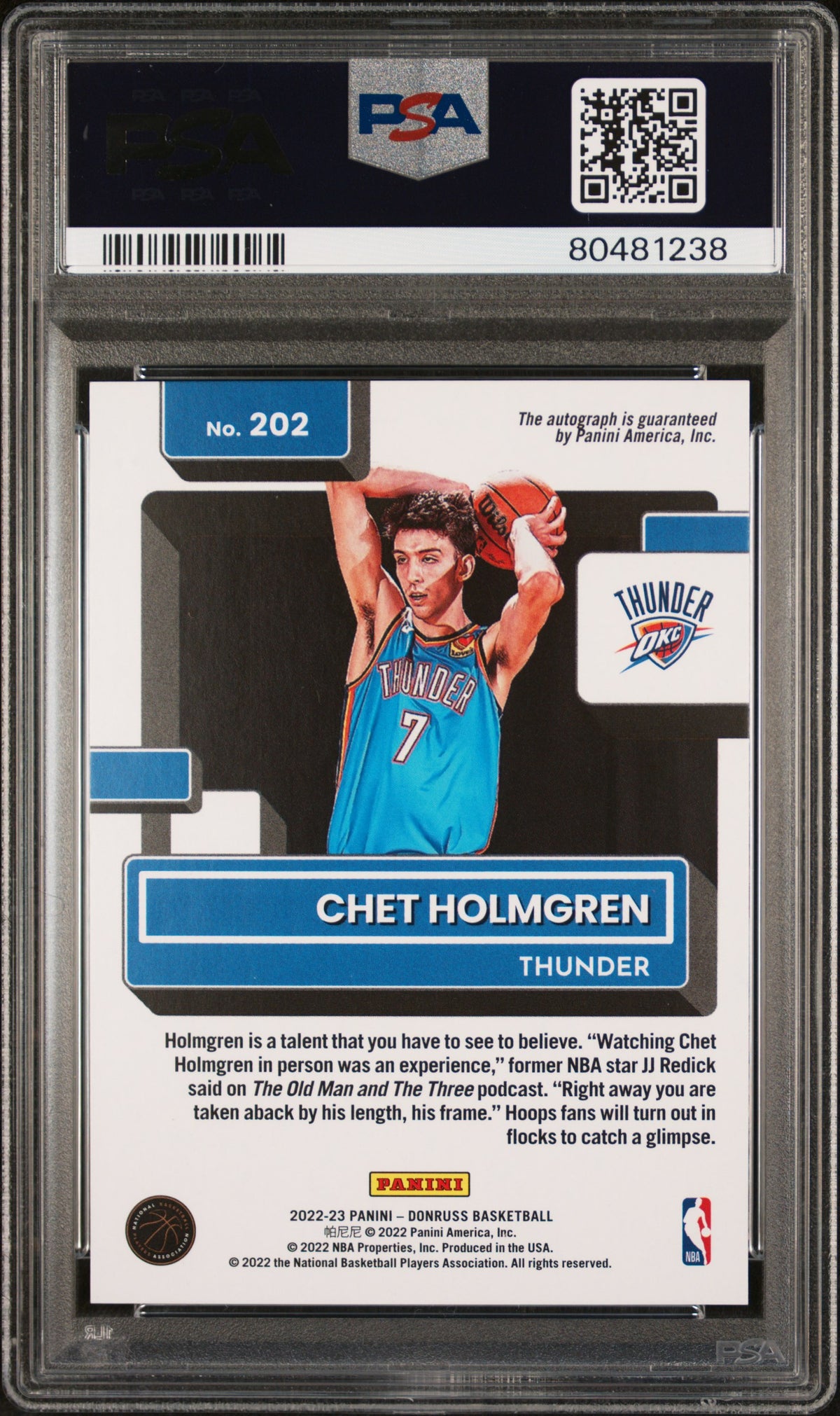 2022 Panini Donruss Chet Holmgren Rookie Autograph Gold Laser /10 #202 PSA 8