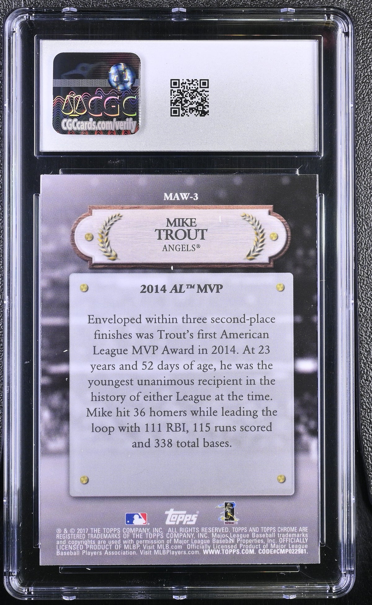 2017 Topps Chrome Mike Trout MLB Award Winners #MAW-3 CGC 10 Los Angeles Angels