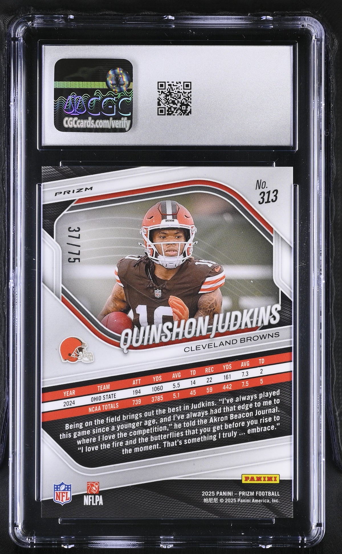 2025 Panini Prizm Quinshon Judkins Green Scope /75 Rookie #313 CGC 10 Browns