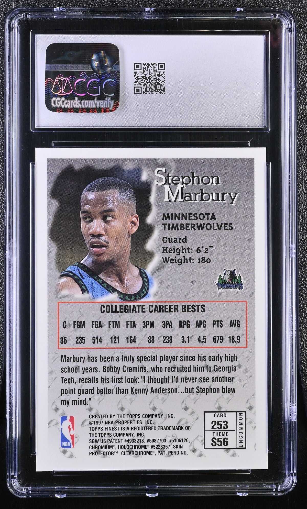 1996-97 Topps Finest Stephon Marbury Rookie #253 CGC 9.5 Minnesota Timberwolves