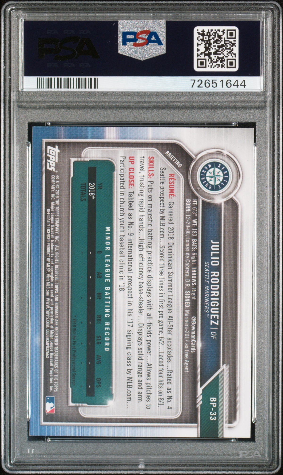 2019 Bowman Paper Prospects Julio Rodriguez Rookie #BP33 PSA 10 Seattle Mariners