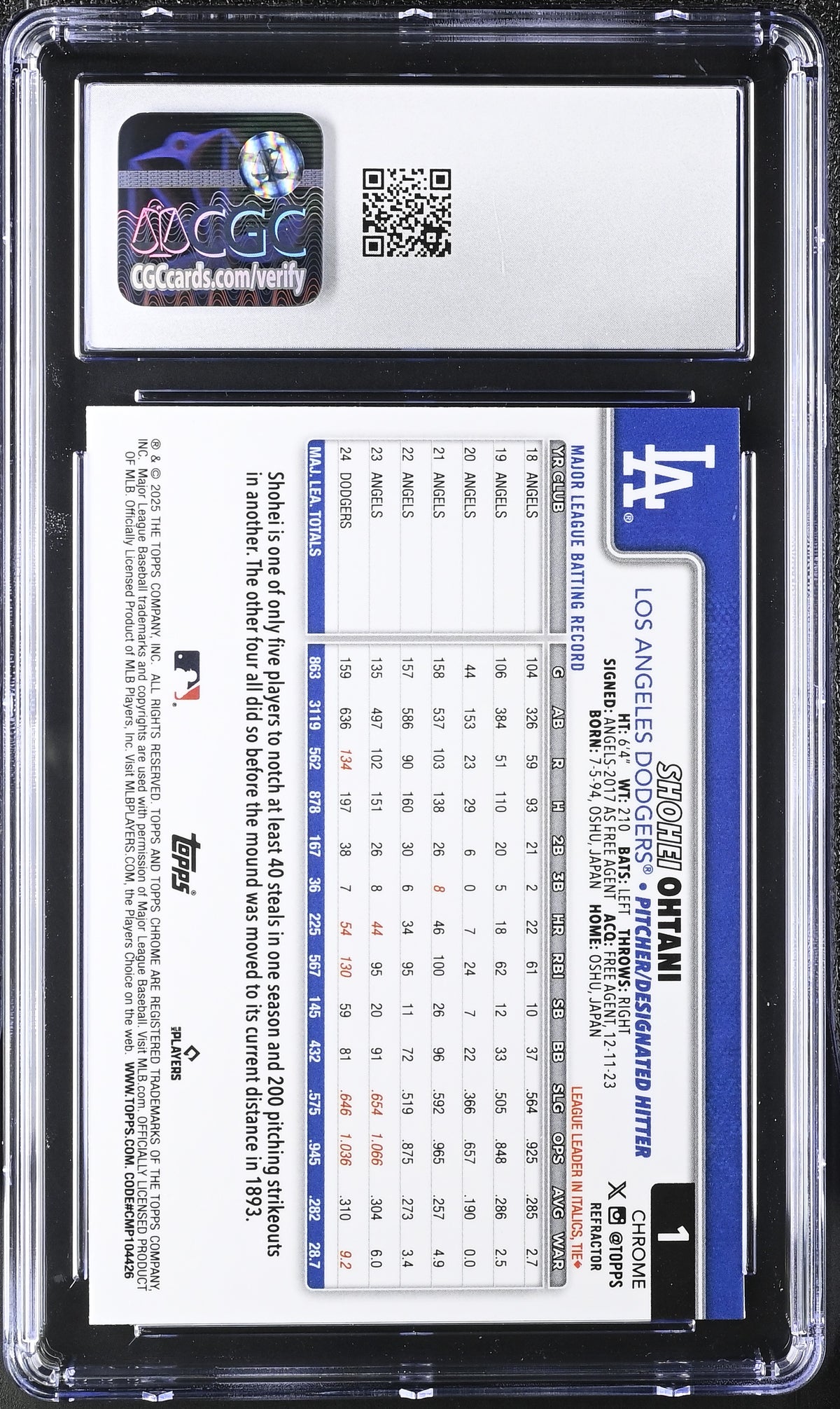 2025 Topps Chrome Shohei Ohtani Refractor #1 CGC 9.5 Los Angeles Dodgers