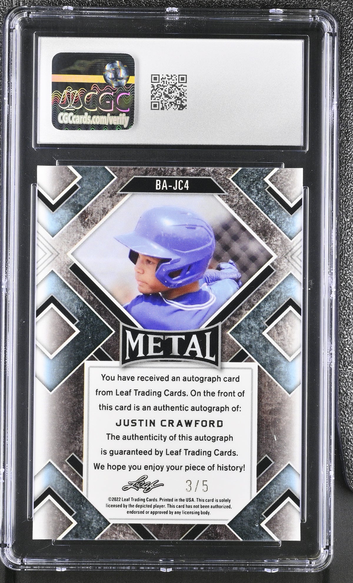 2022 Leaf Metal Justin Crawford Zebra Wave /5 Rookie Autographs #BA-JC4 CGC 10