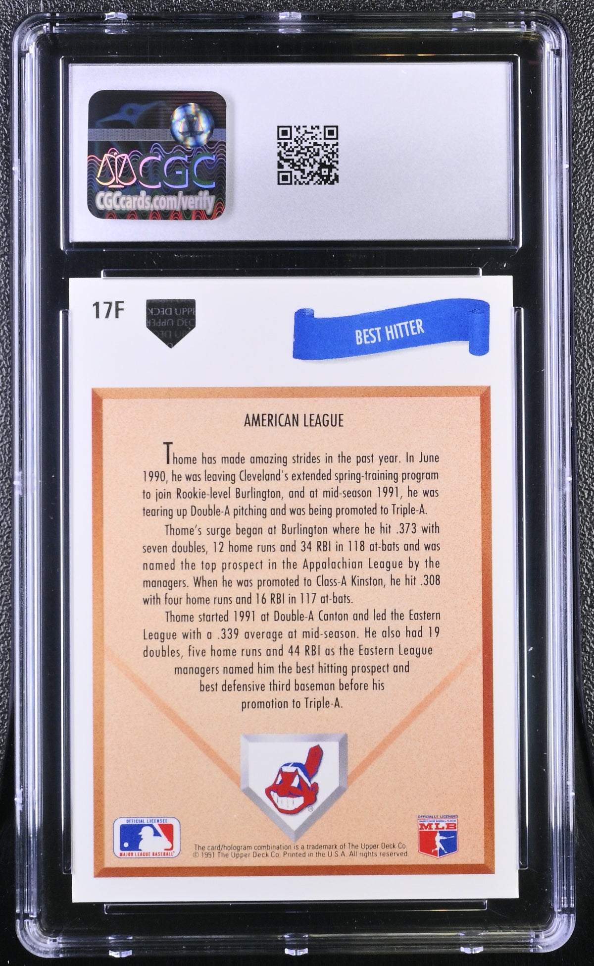1991 Upper Deck Final Edition Jim Thome Rookie #17F CGC 9.5 Cleveland Indians