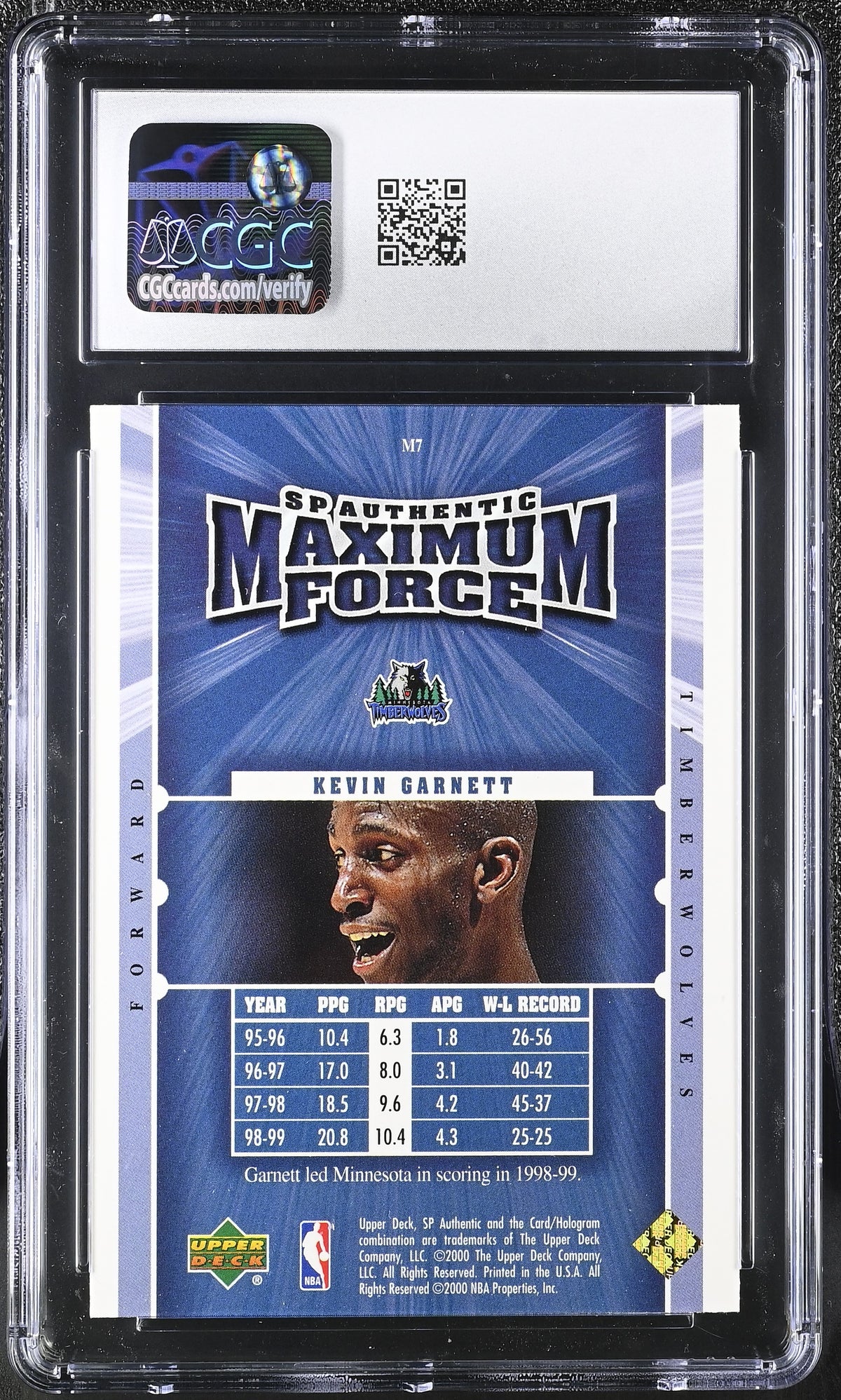 1999-00 SP Authentic Kevin Garnett Maximum Force #M7 CGC 9