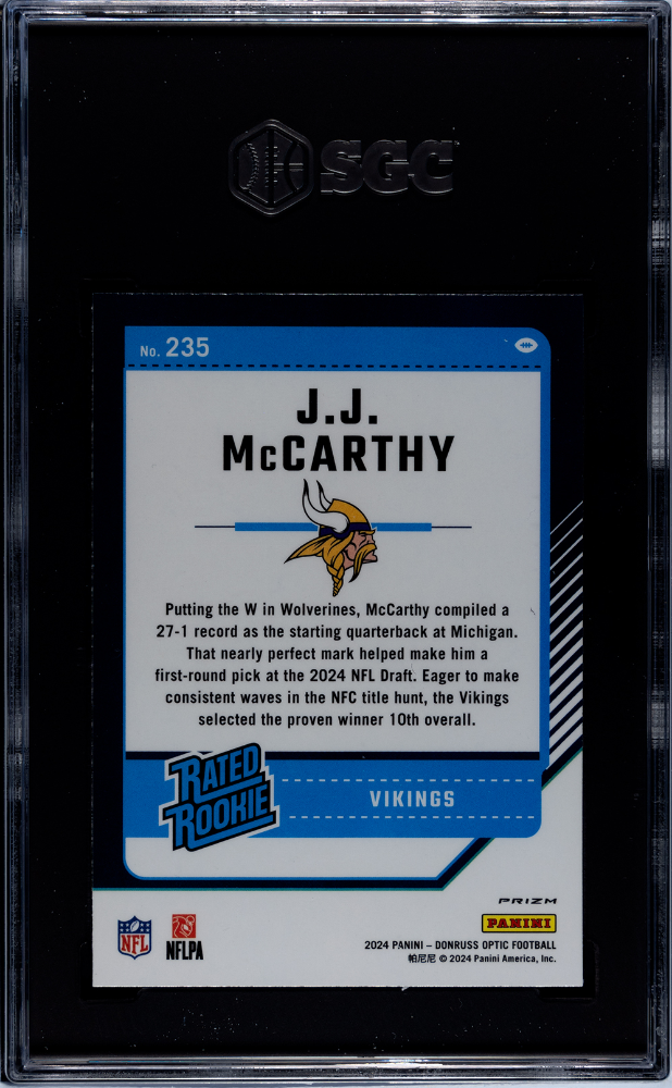 2024 Donruss Optic JJ Mccarthy Purple Shock Prizm Rookie #235 SGC 10 Vikings