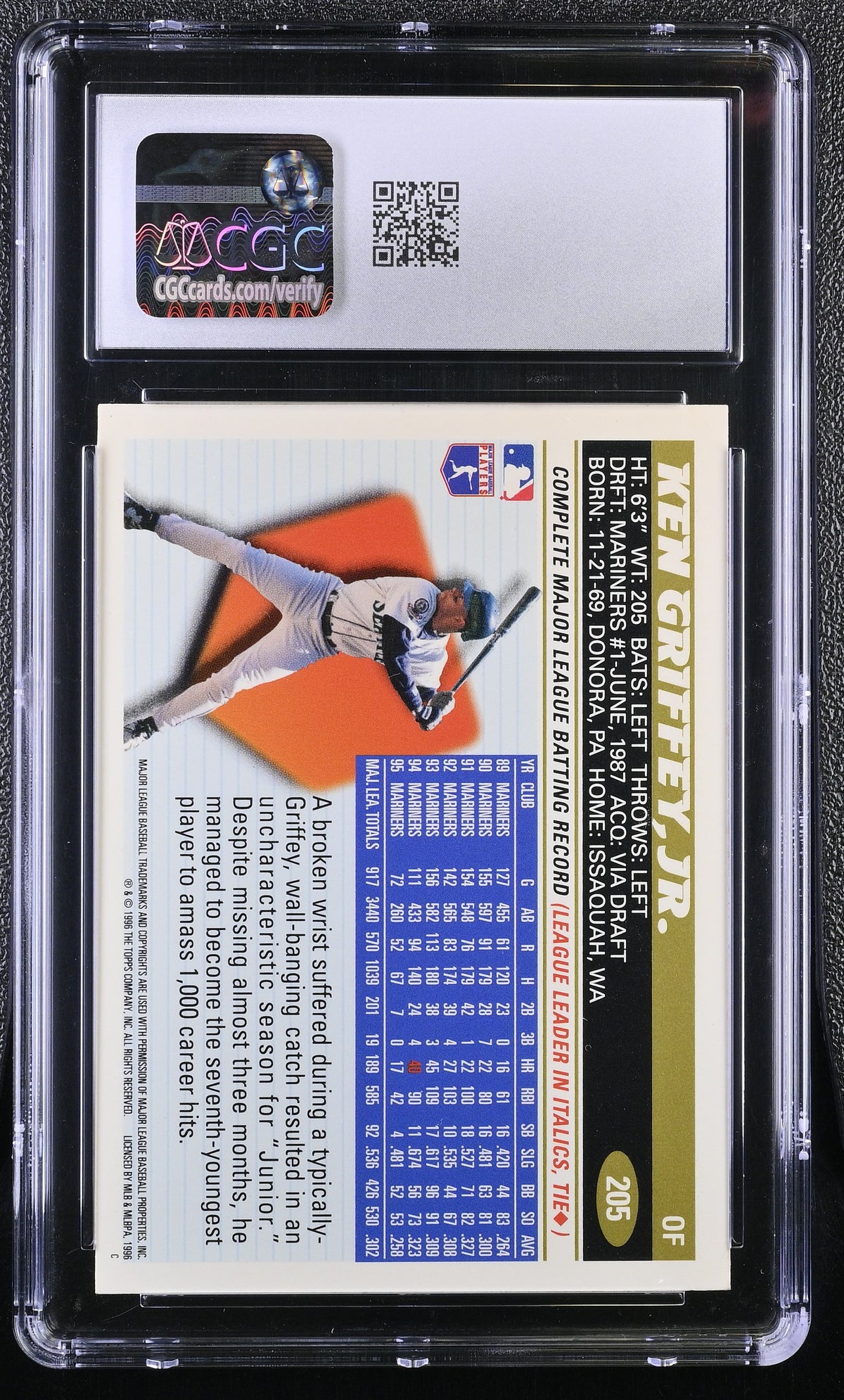 1996 Topps Ken Griffey Jr. #205 CGC 9.5 Seattle Mariners