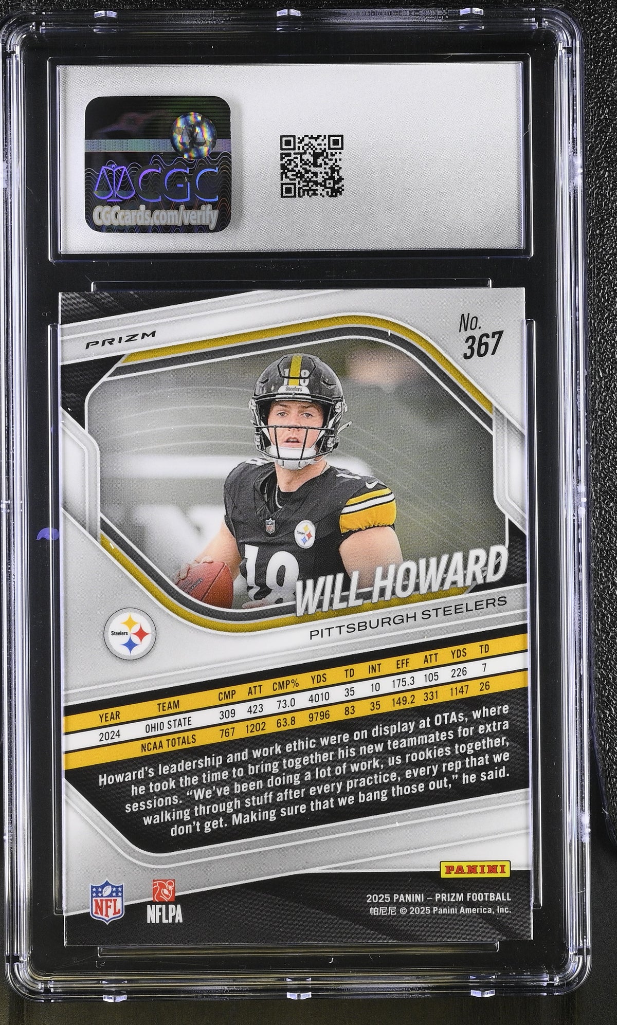 2025 Panini Prizm Will Howard Lazer Rookie #367 CGC 9.5 Pittsburgh Steelers