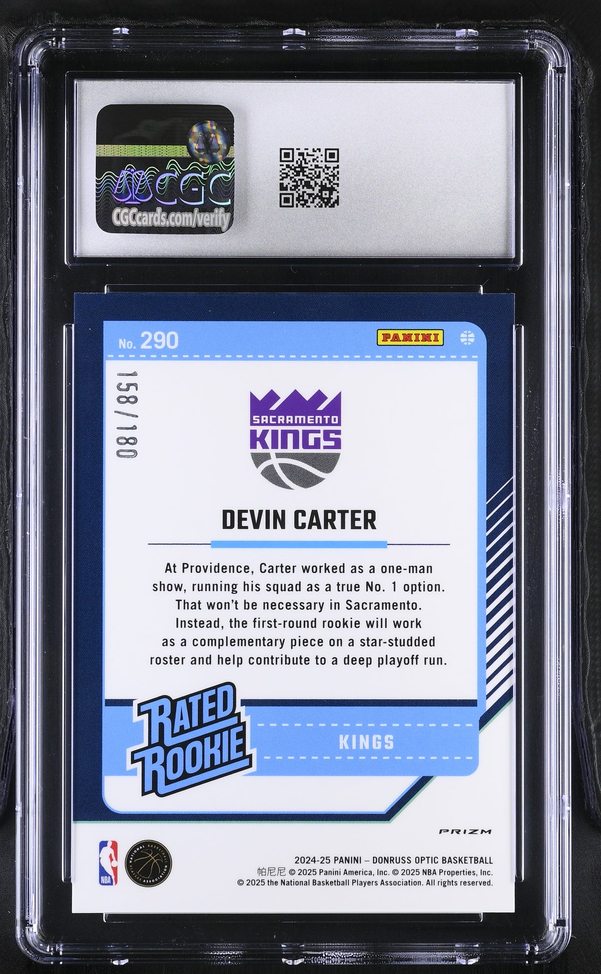 2024-25 Donruss Optic Devin Carter Blue Sparkle /180 Rookie #290 CGC 10 Kings