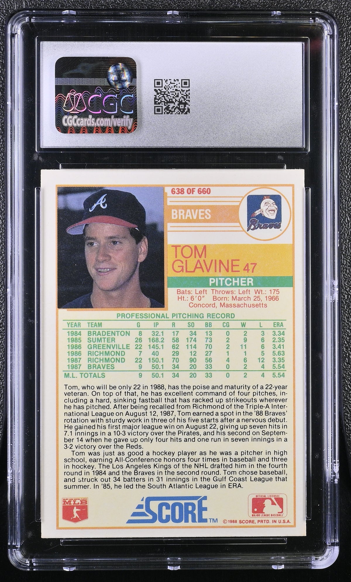 1988 Score Tom Glavine Rookie #638 CGC 9.5 Atlanta Braves