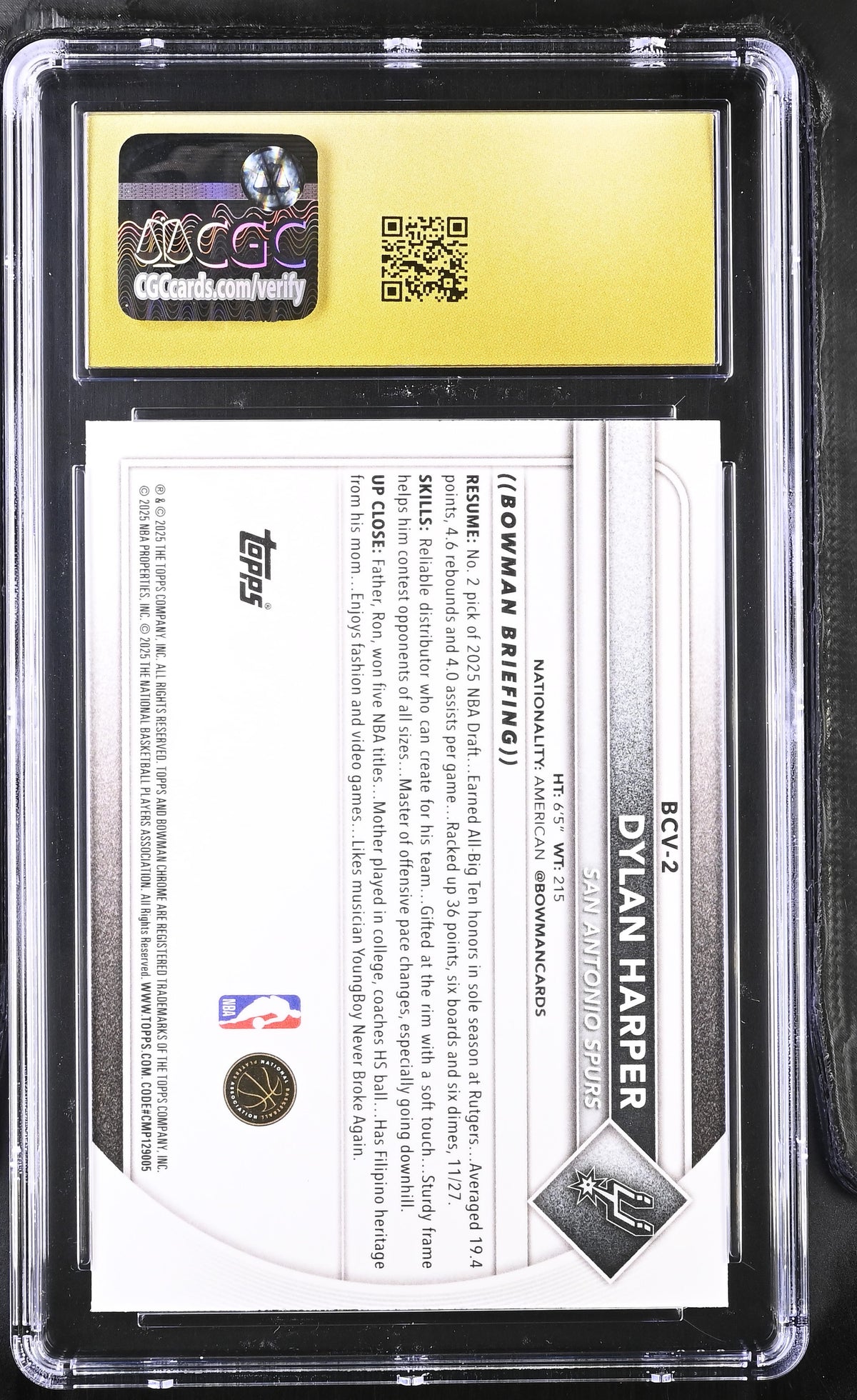2025-26 Bowman Dylan Harper Rookie Chrome #BCV-2 CGC 10 Pristine Spurs