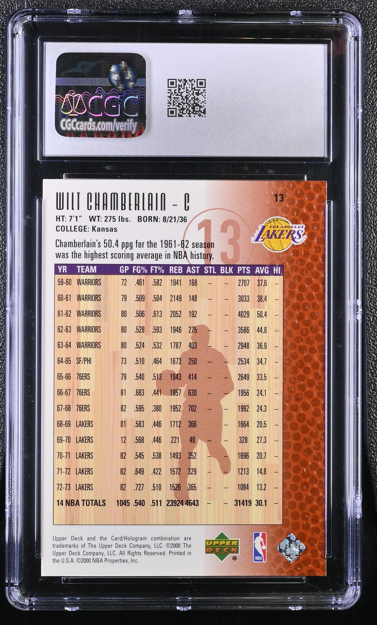 1999-00 Upper Deck Legends Wilt Chamberlain #13 CGC 9.5 Los Angeles Lakers