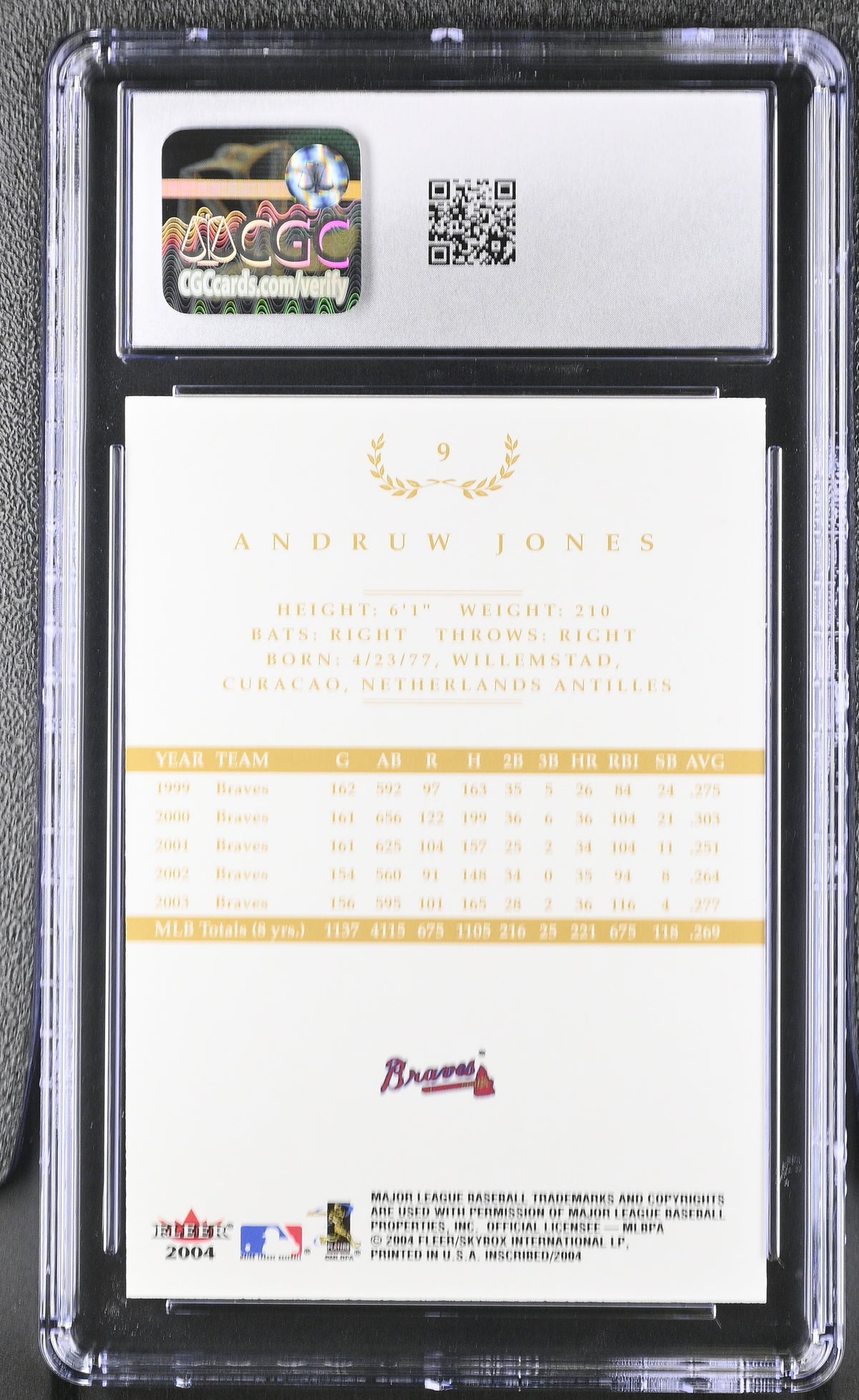 2004 Fleer Inscribed Andruw Jones Gold /199 #9 CGC 10 Atlanta Braves