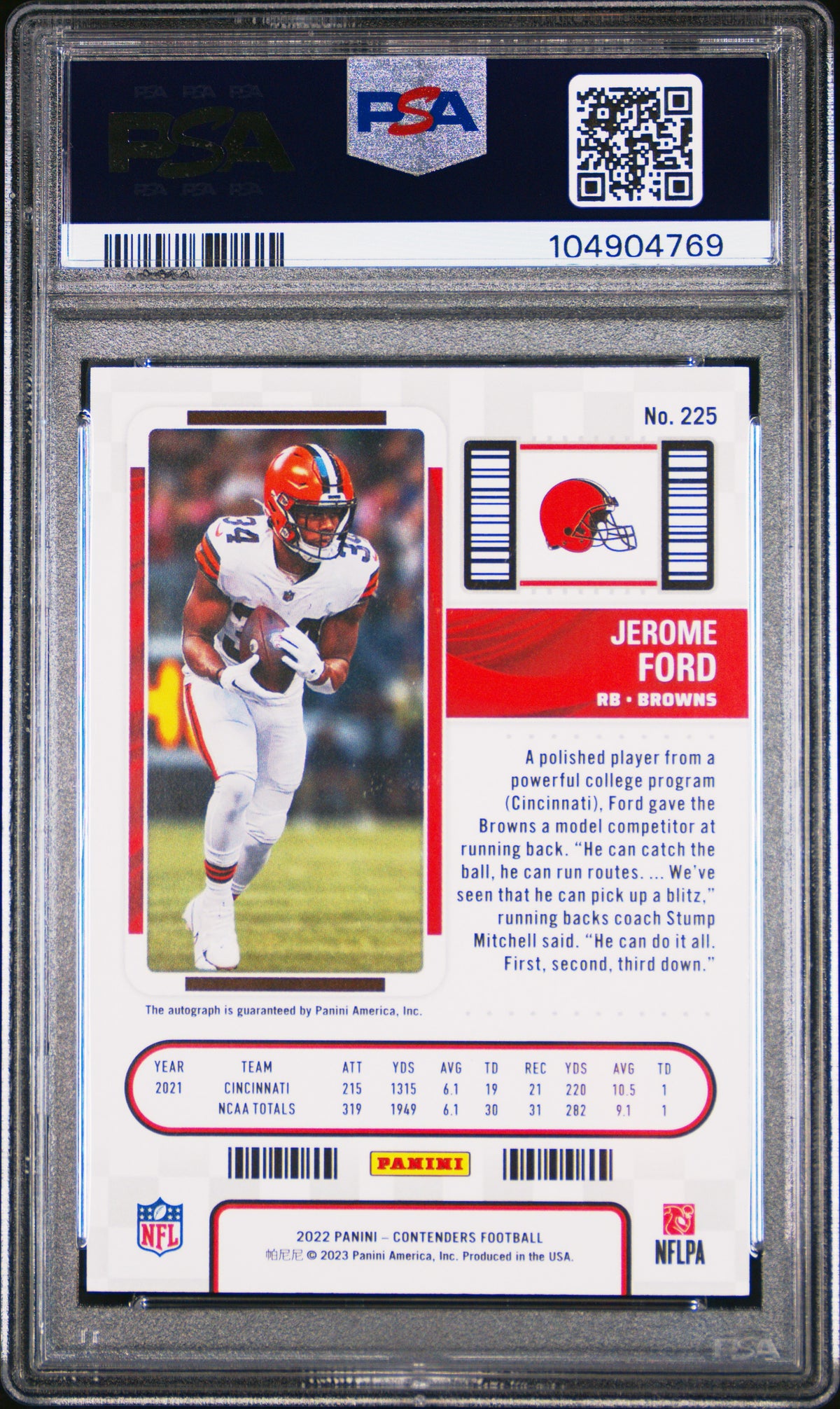 2022 Panini Contenders Jerome Ford Autograph Rookie #225 PSA 10 Cleveland Browns