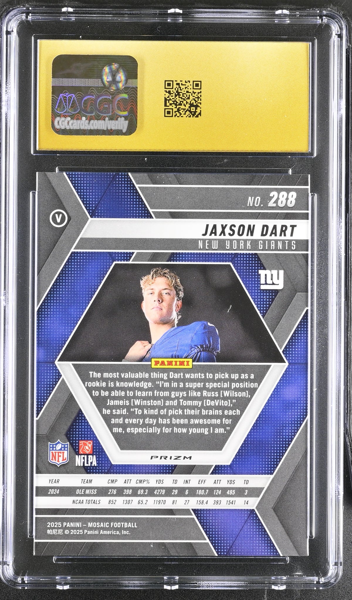 2025 Mosaic Jaxson Dart Rookie Variation Rookie #288 CGC 10 Pristine Giants
