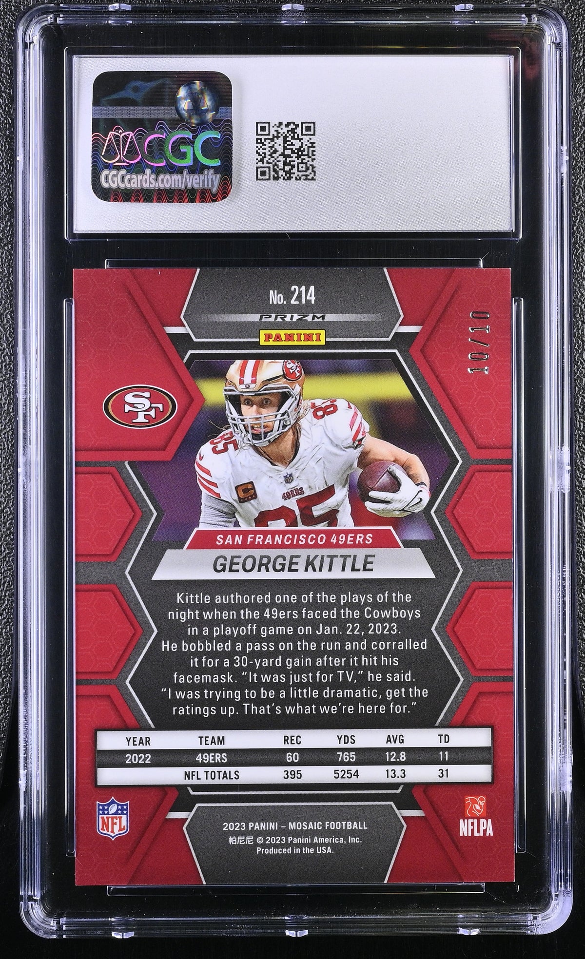 2023 Panini Mosaic George Kittle Gold /10 #214 CGC 10 San Francisco 49ers