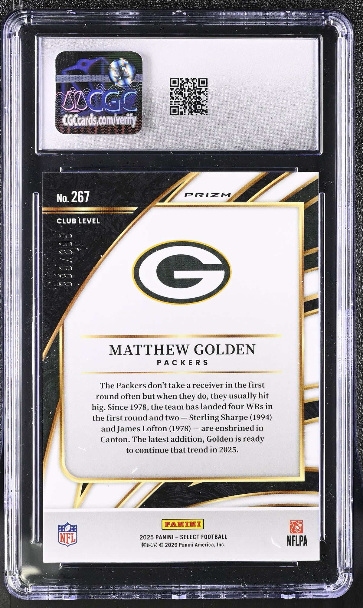 2025 Panini Select Matthew Golden Copper Shock /699 Rookie #267 CGC 10 Packers