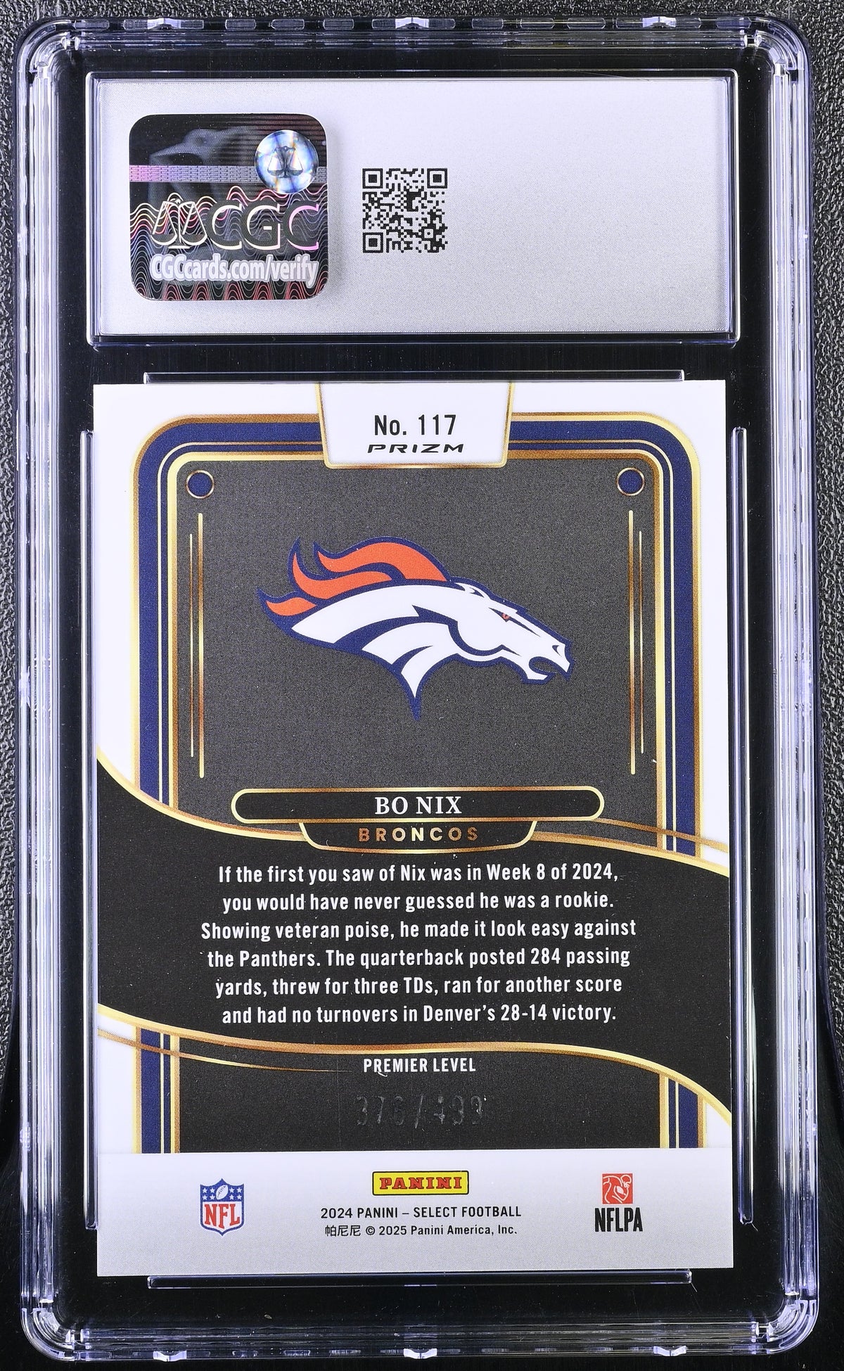 2024 Panini Select Bo Nix Neon Green Shock /499 Rookie #117 CGC 10 Broncos