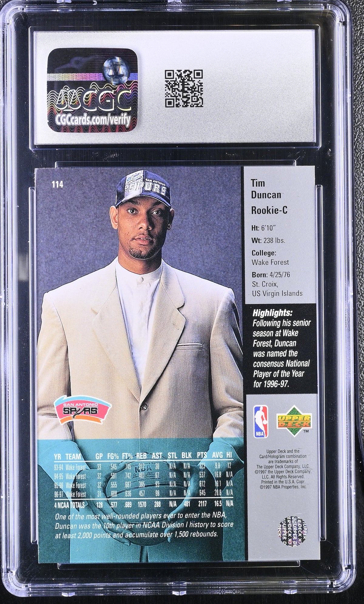 1997-98 Upper Deck Tim Duncan #114 CGC 7