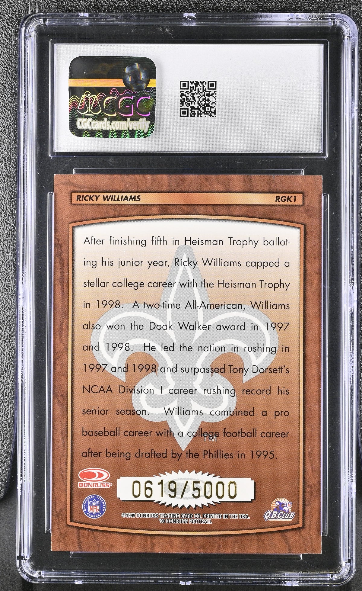 1999 Donruss Ricky Williams 619/5000 Rookie Gridiron Kings #RGK1 CGC 9 Saints