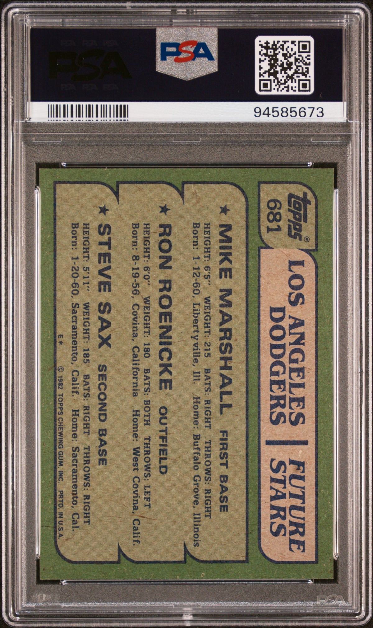 1982 Topps Dodgers Future Star #681 Marshall Roenicke Sax PSA 8