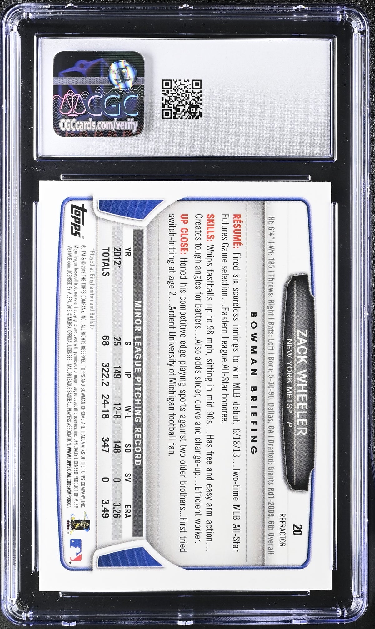 2013 Bowman D.P. Prospects Zack Wheeler Refractor Rookie Chrome #20 CGC 9.5 Mets