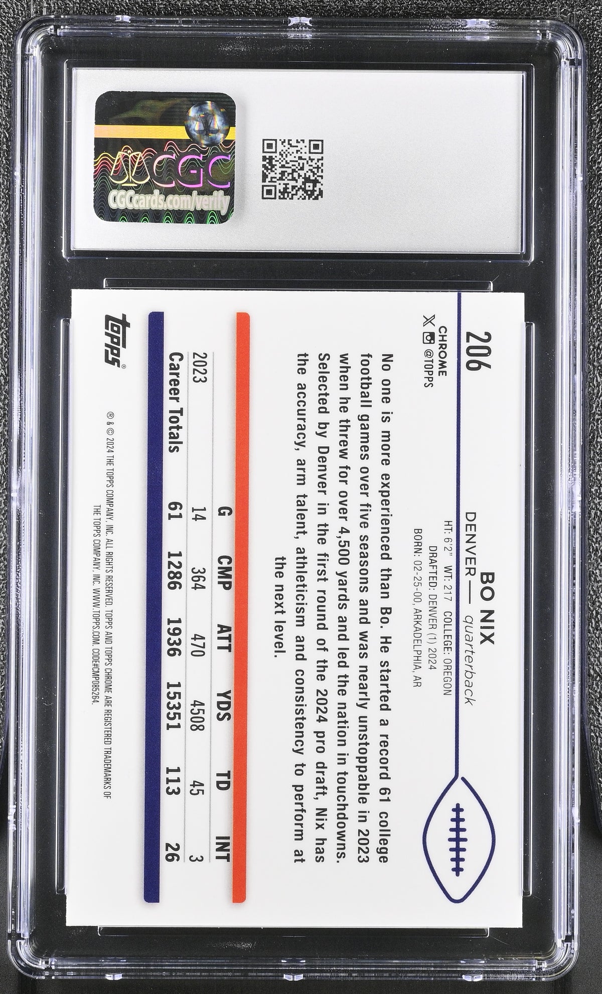 2024 Topps Chrome Bo Nix Prism Refractor Rookie #206 CGC 9 Denver Broncos