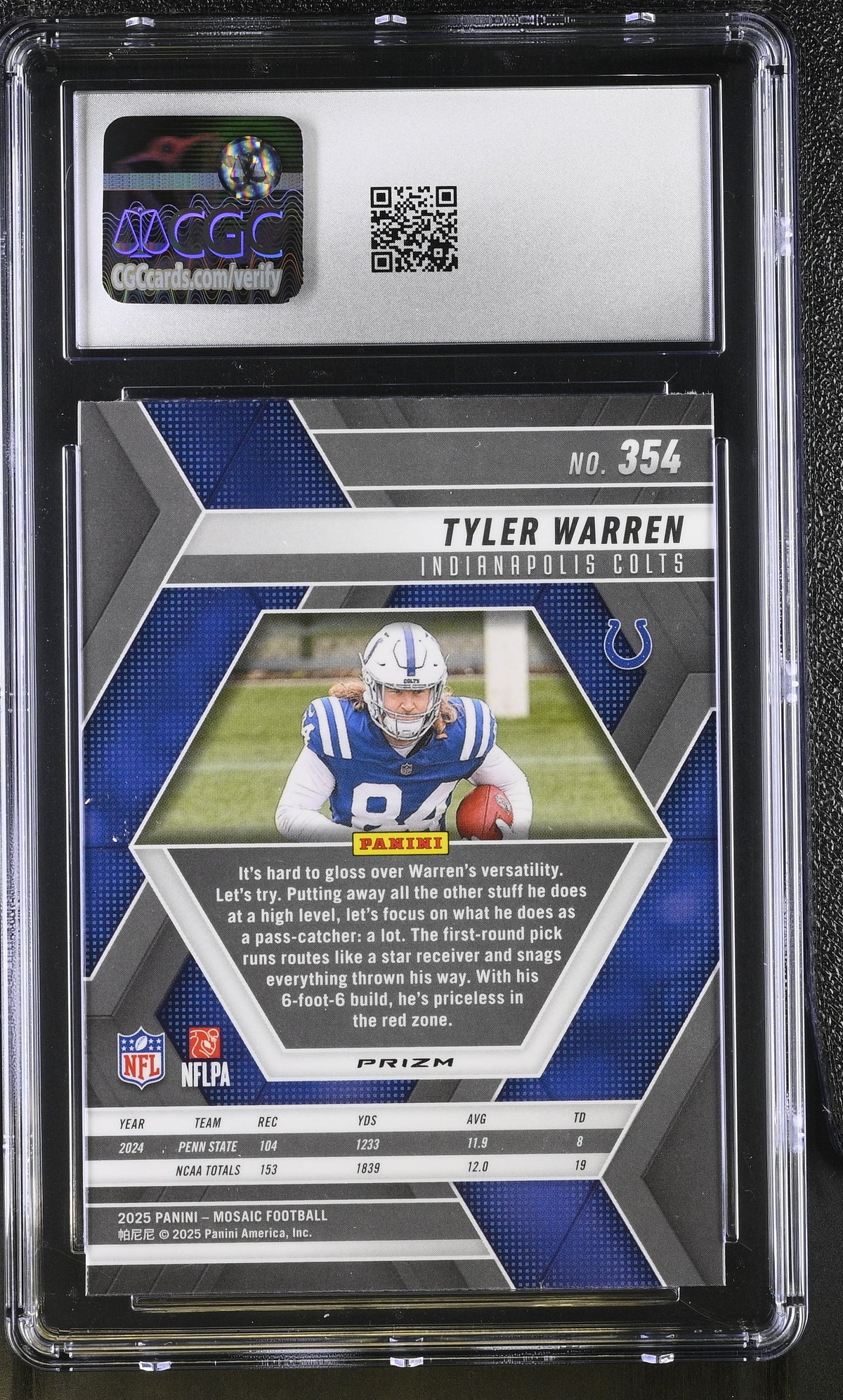 2025 Panini Mosaic Tyler Warren Mosaic Rookie #354 CGC 9.5 Indianapolis Colts