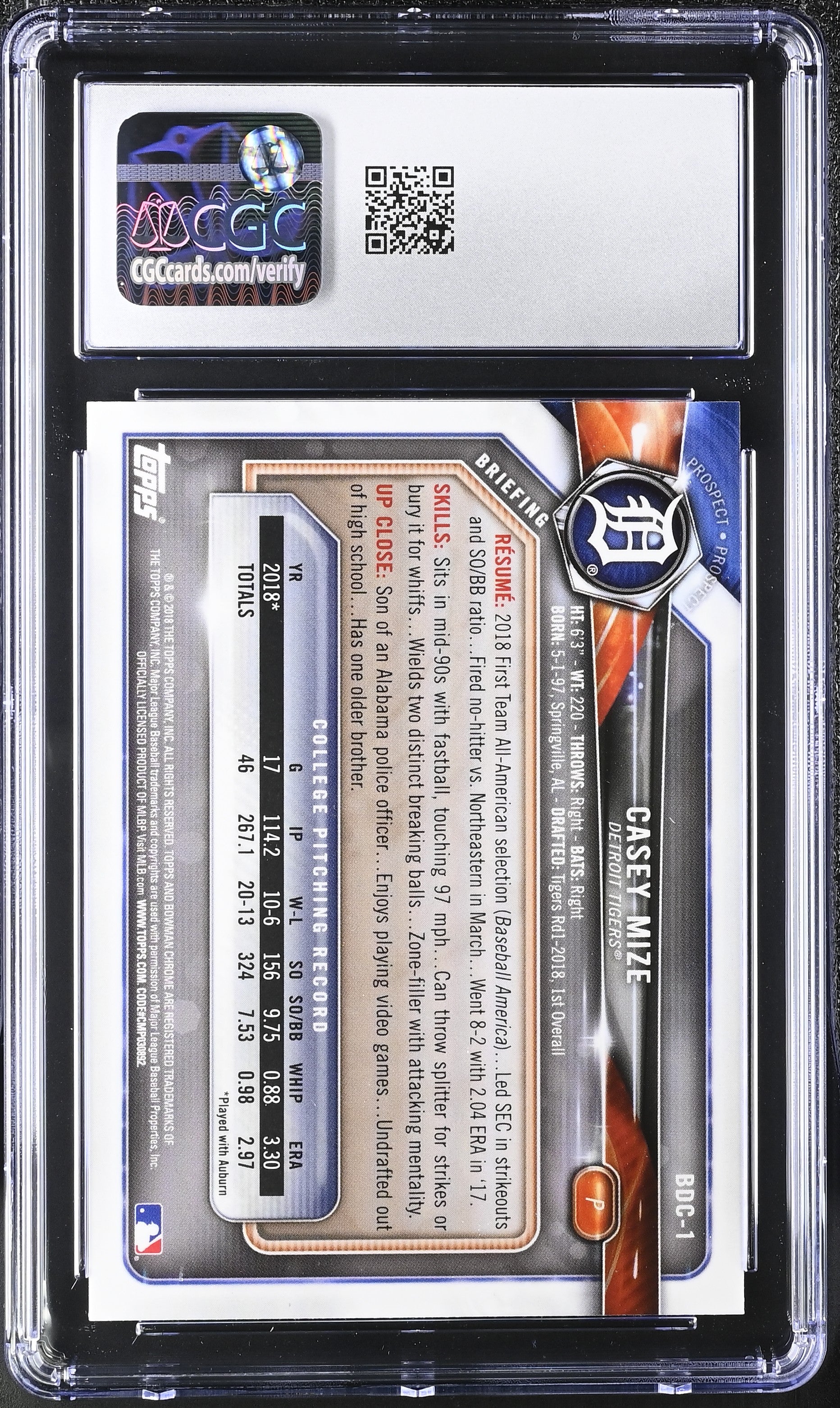2018 Bowman Draft Casey Mize #BDC-1 Chrome CGC 10