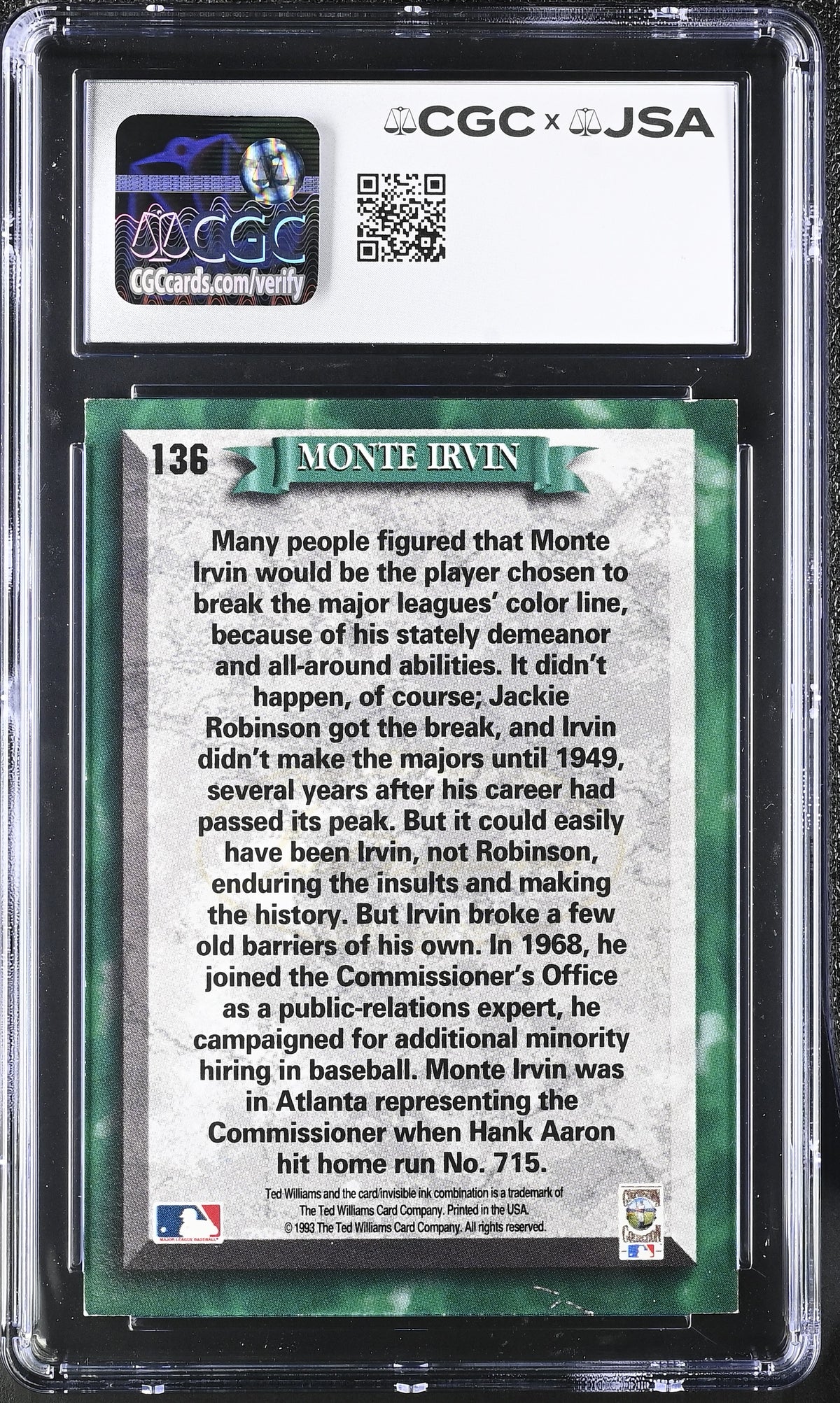1993 Williams Monte Irvin Auto Autograph #136 CGC Authentic JSA New York Giants