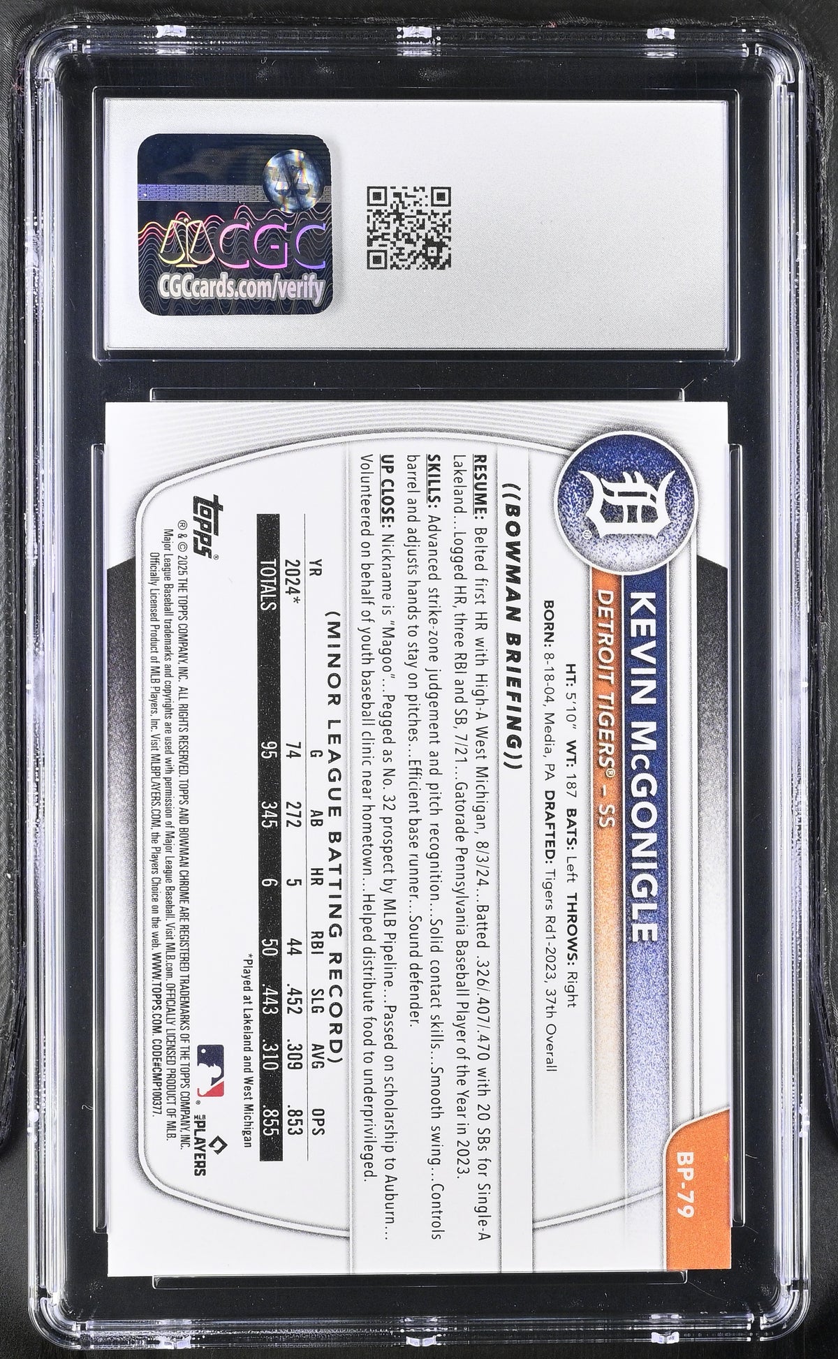 2025 Bowman Kevin McGonigle Rookie Prospects #BP-79 CGC 10 Detroit Tigers