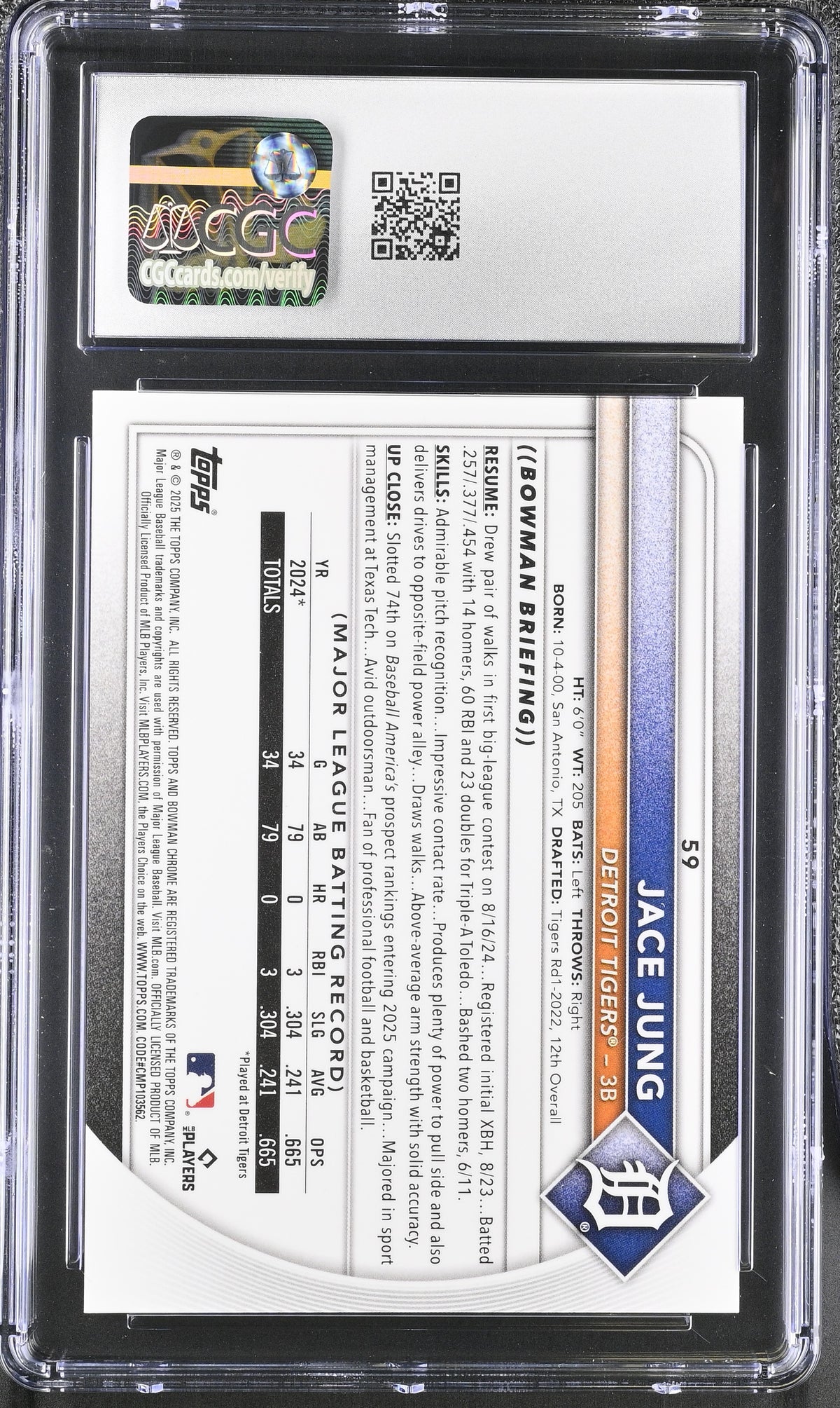 2025 Bowman Mega Box Jace Jung Orange /25 Rookie #59 CGC 10 Detroit Tigers