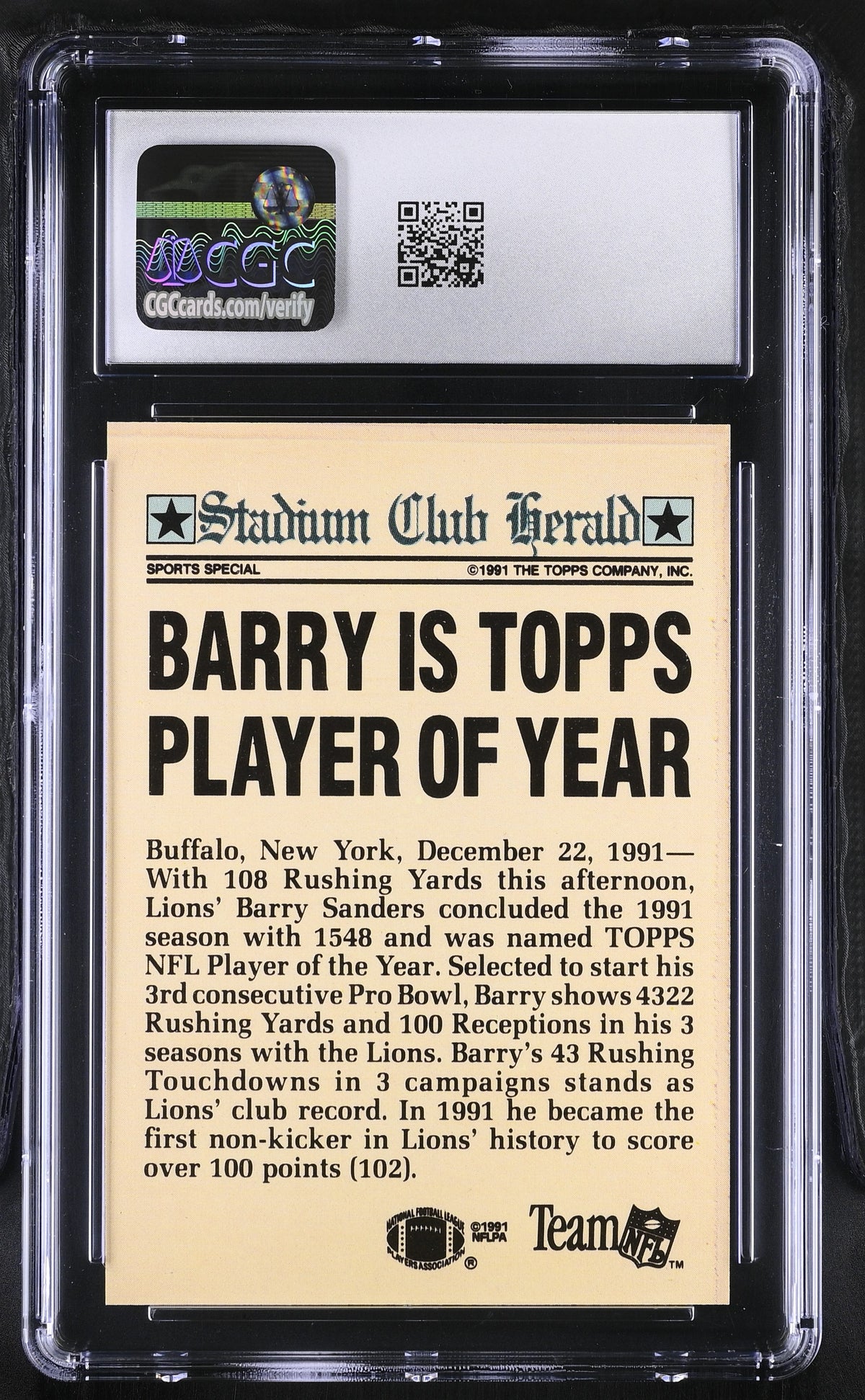 1991 Stadium Club Members Only Barry Sanders CGC 9.5 Detroit Lions