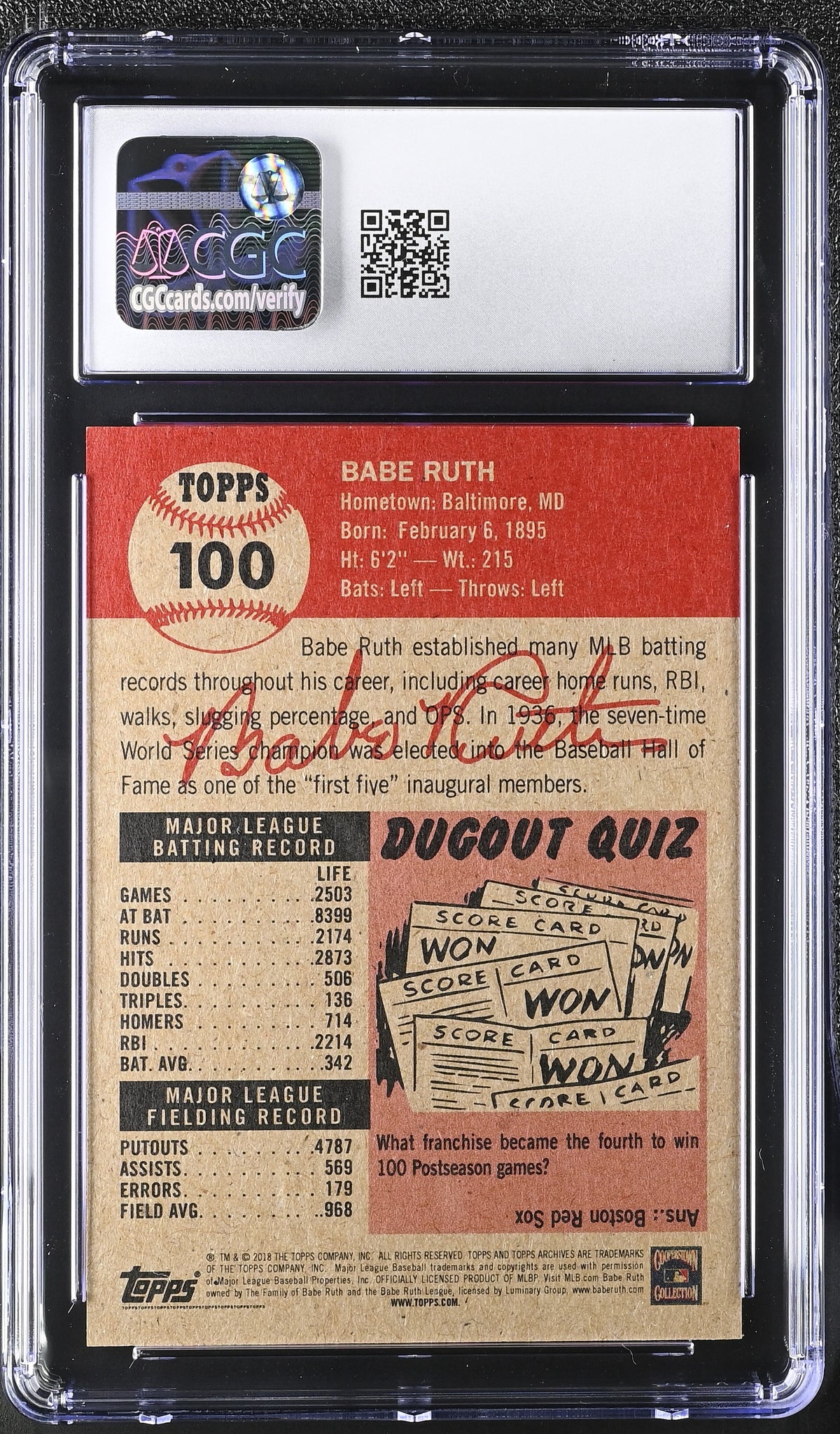 2018 Topps Living Set Babe Ruth #100 CGC 9.5