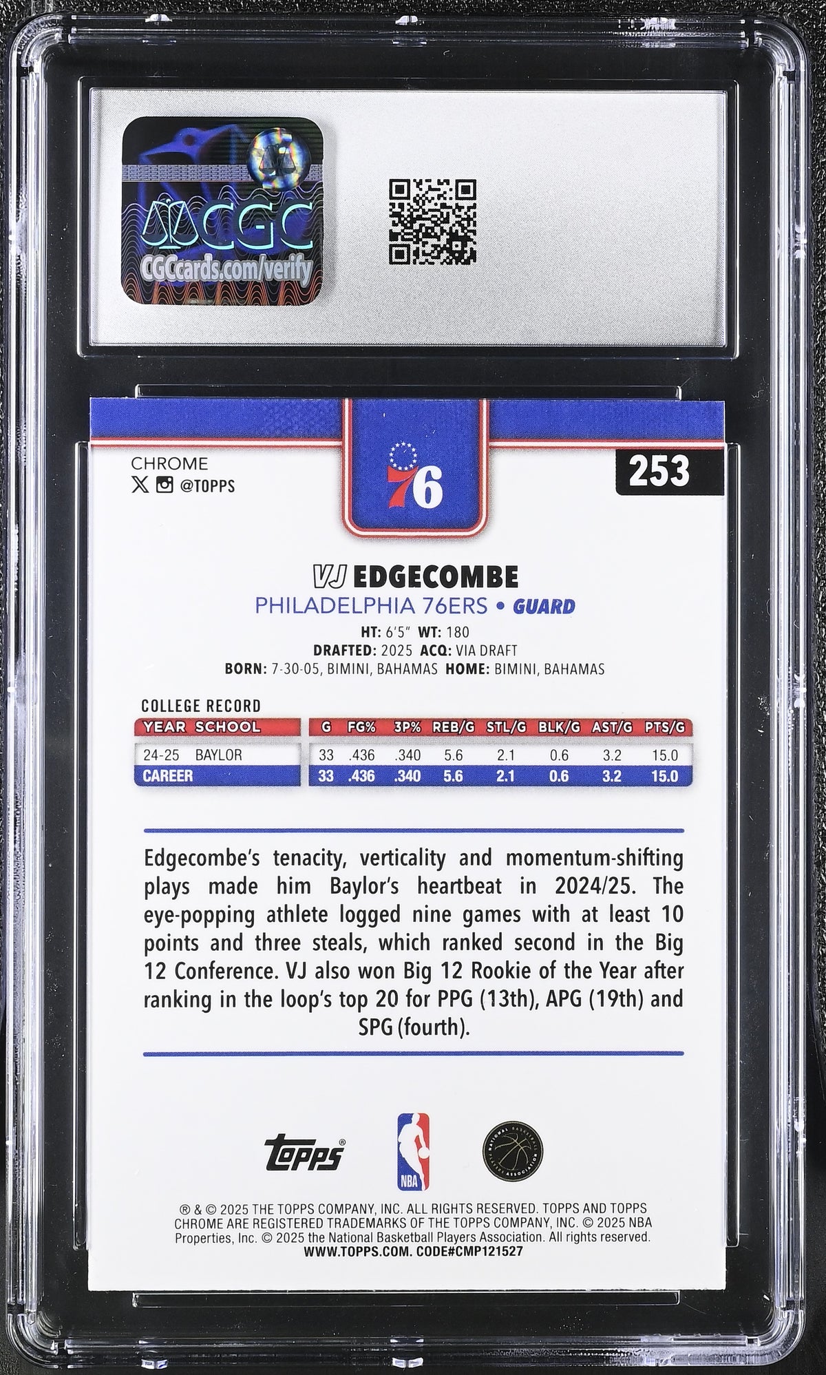 2025-26 Topps Chrome VJ Edgecombe Rookie #253 CGC 9.5 Philadelphia 76ers