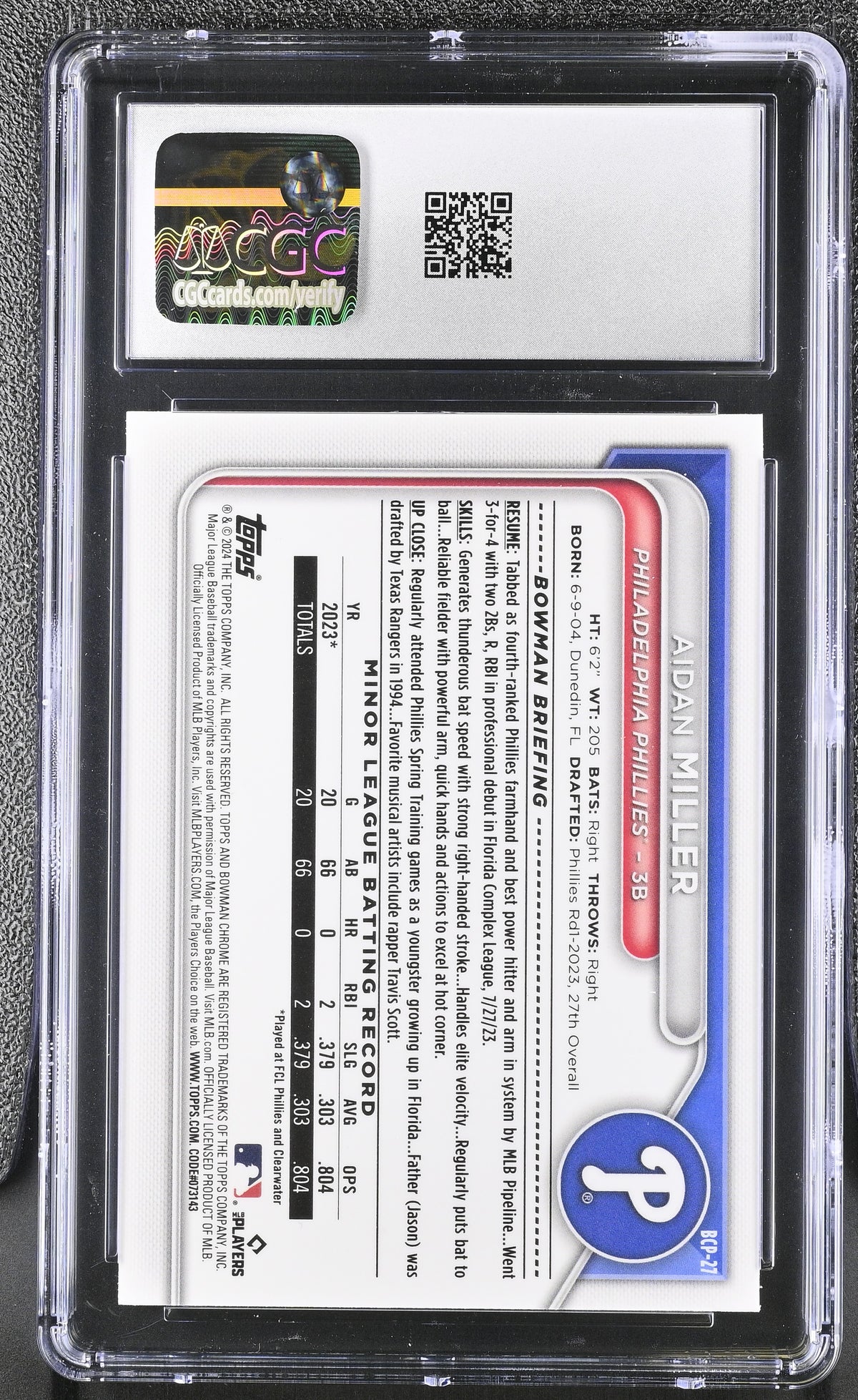 2024 Bowman Aidan Miller #BCP-27 Chrome Prospects CGC 9.5