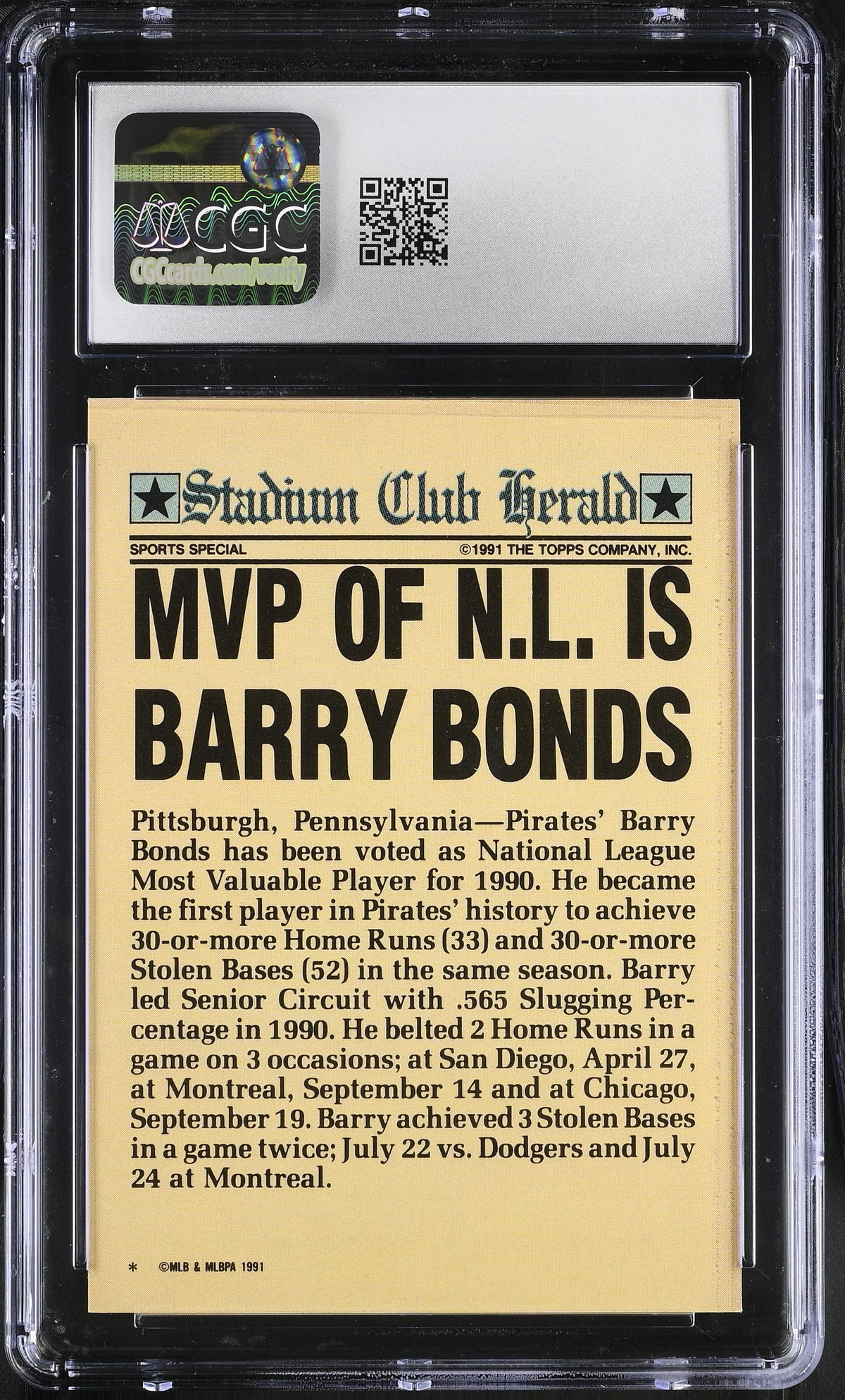 1991 Barry Bonds Stadium Club Charter Member CGC 9.5