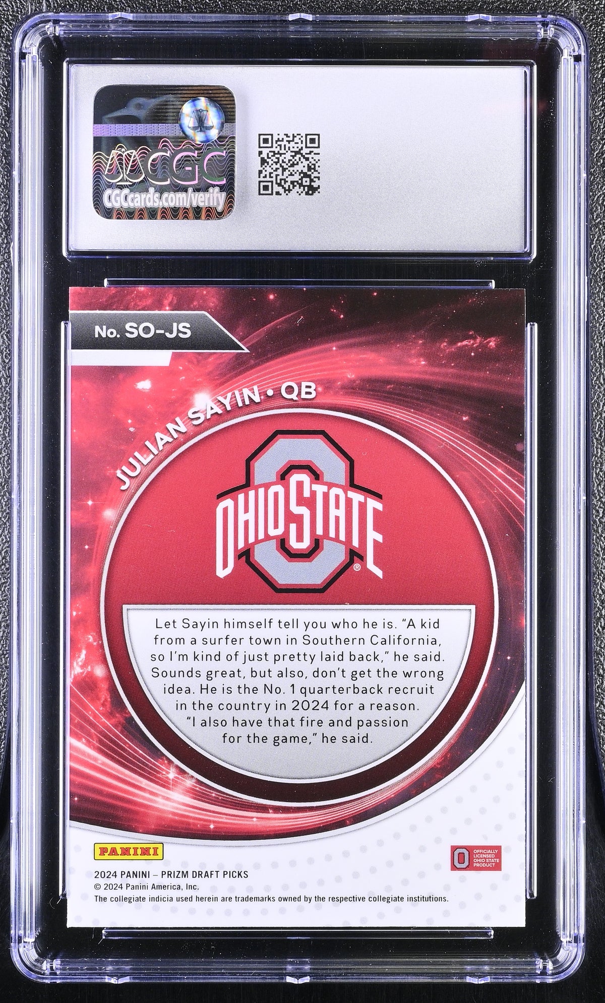 2024 Prizm Draft Picks Julian Sayin Rookie Student Orientation #SO-JS CGC 10