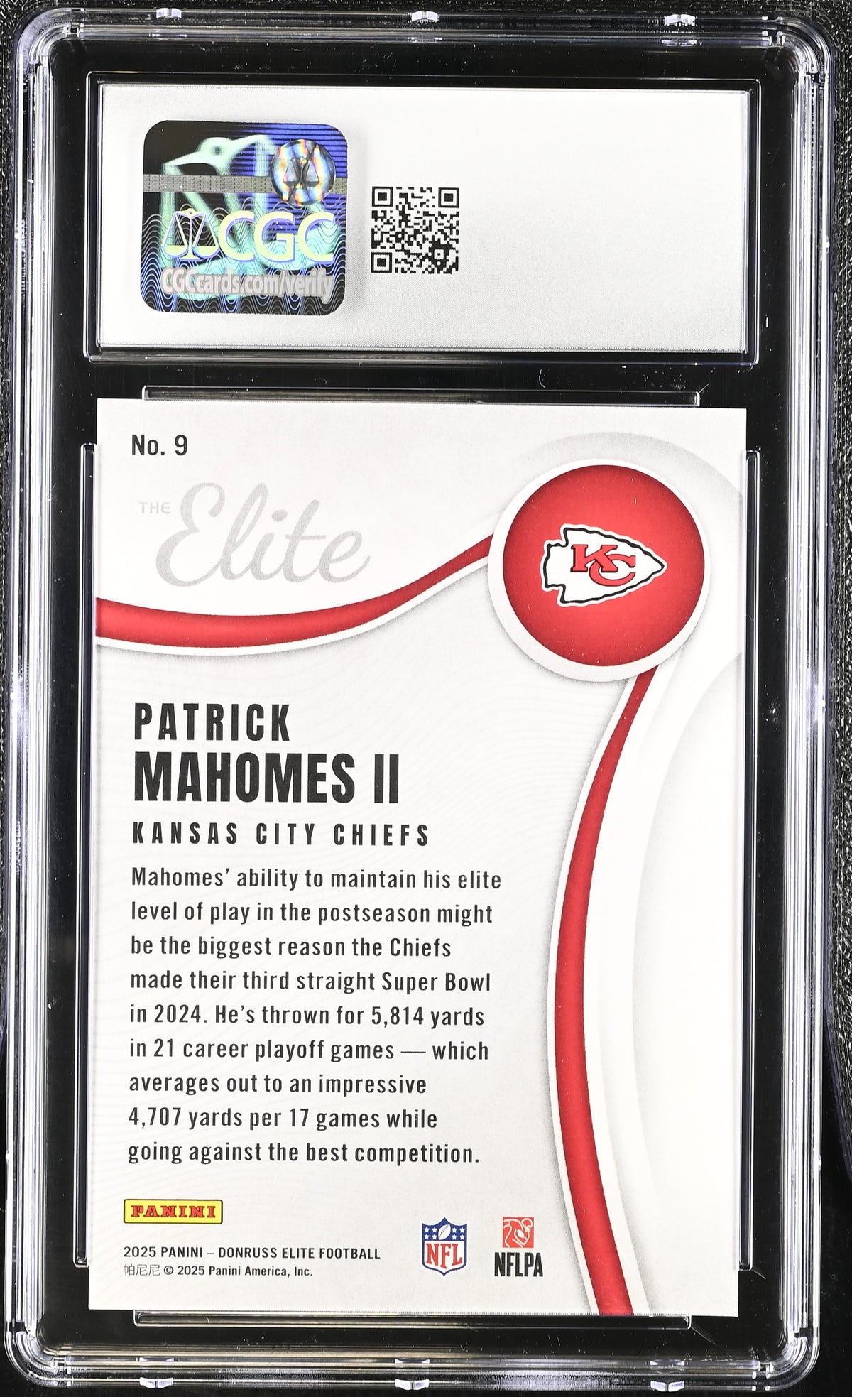 2025 Donruss Elite Patrick Mahomes II /799 The Elite 9 CGC 10 Kansas City Chiefs